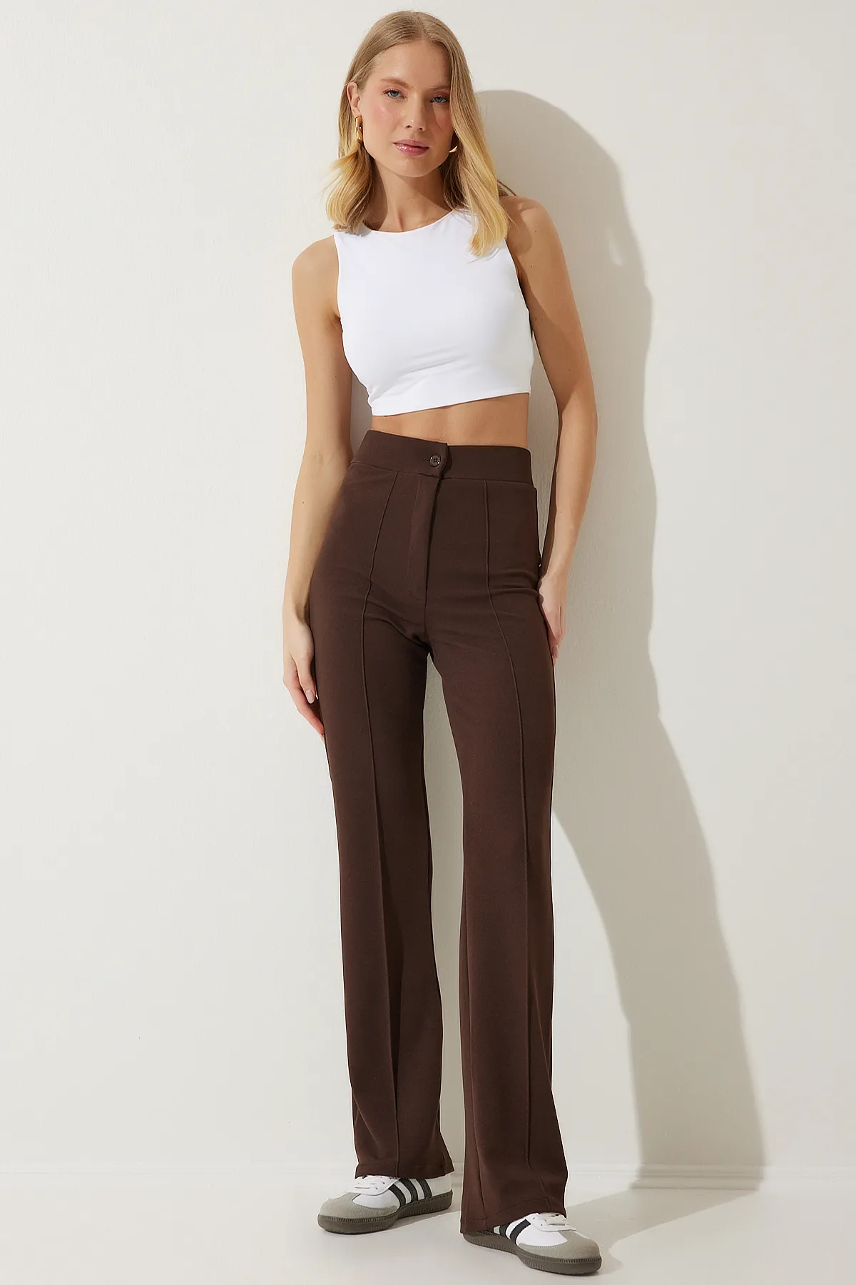 Happiness İstanbul  Braune bequeme Strickhose aus Lycra mit hoher Taille für Damen RV00090