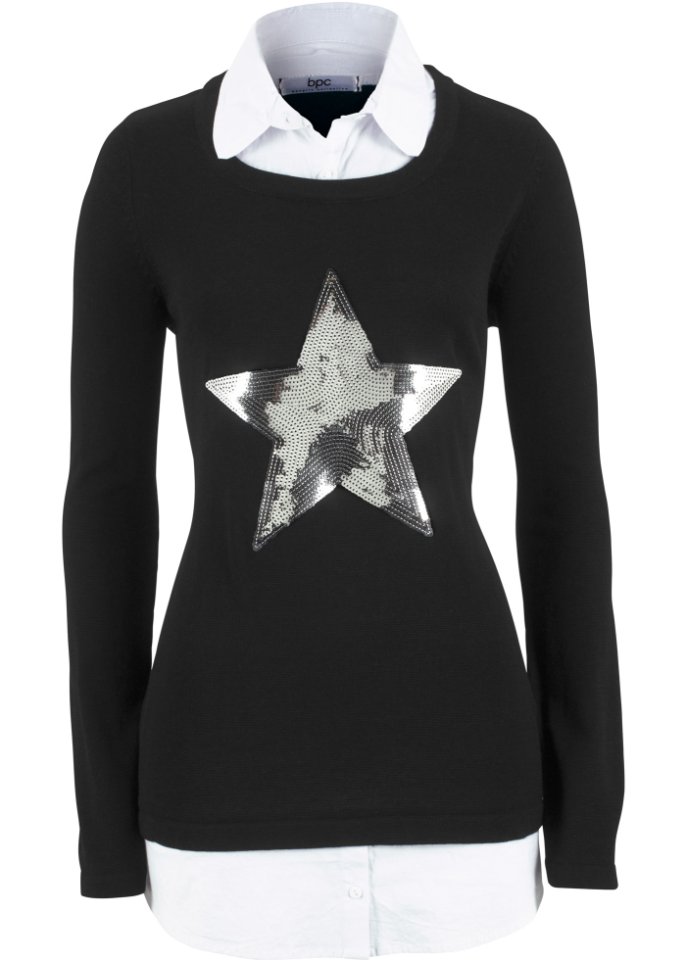 2 in 1 Pullover mit Bluseneinsatz, Langarm