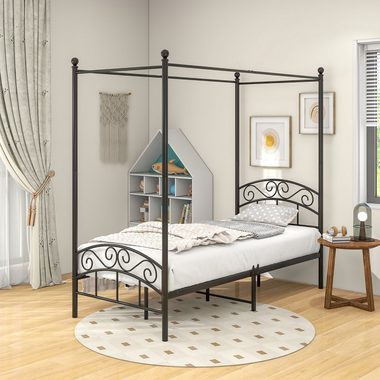 OKWISH Metallbett Einzelbett, Himmelbett-Gestell Metall Himmelbett Eisenbett (Schlafzimmerbett Bettrahmen 90x190cm, mit Himmel Metallbett Klassisch Design), Ohne Matratze