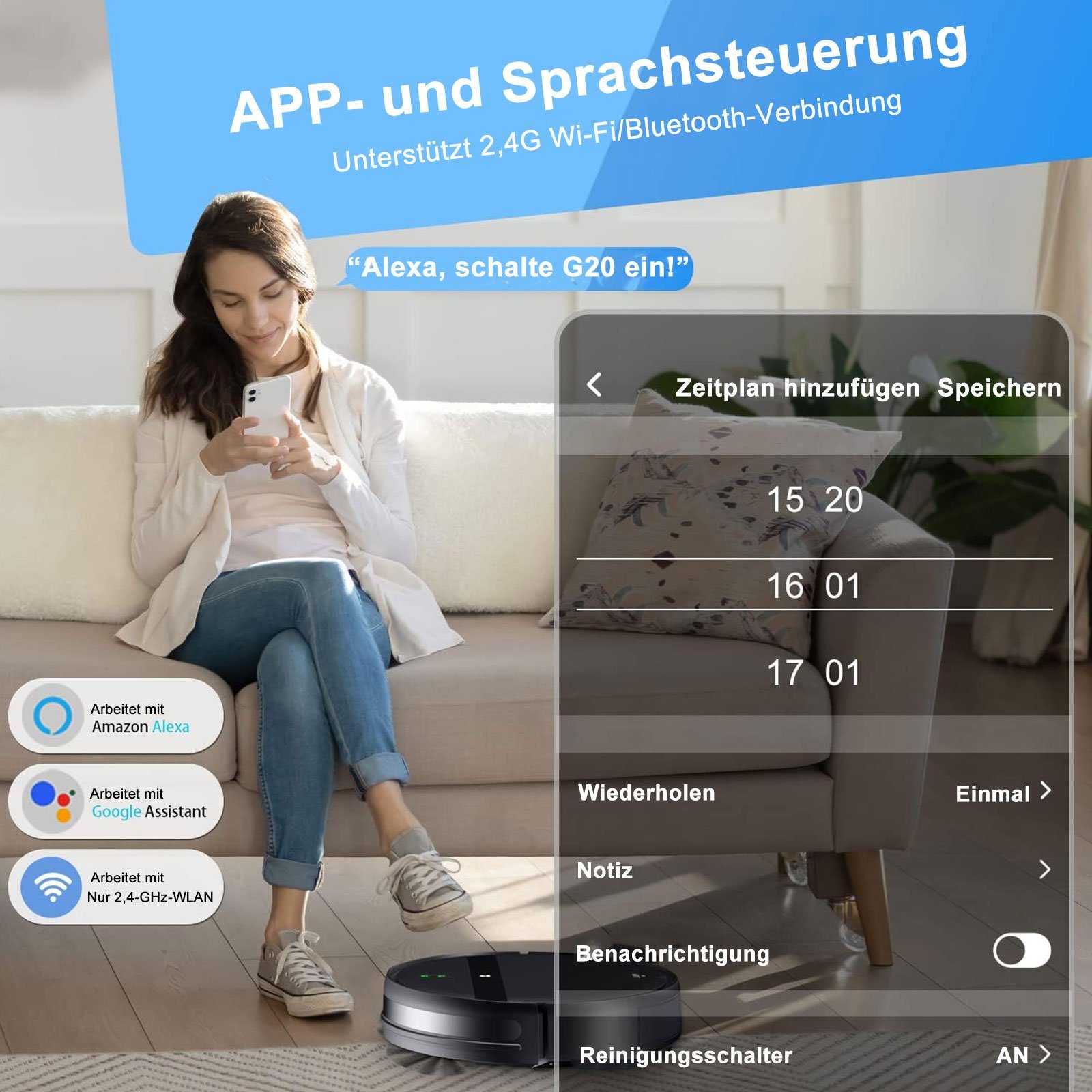 REDOM Nass-Trocken-Saugroboter Staubsauger Roboter Saugroboter Roboterstaubsauger 2in1 Selbstaufladen, Starke 1400 Pa mit Wischfunktion WLAN für Tierhaare Teppich Hartboden