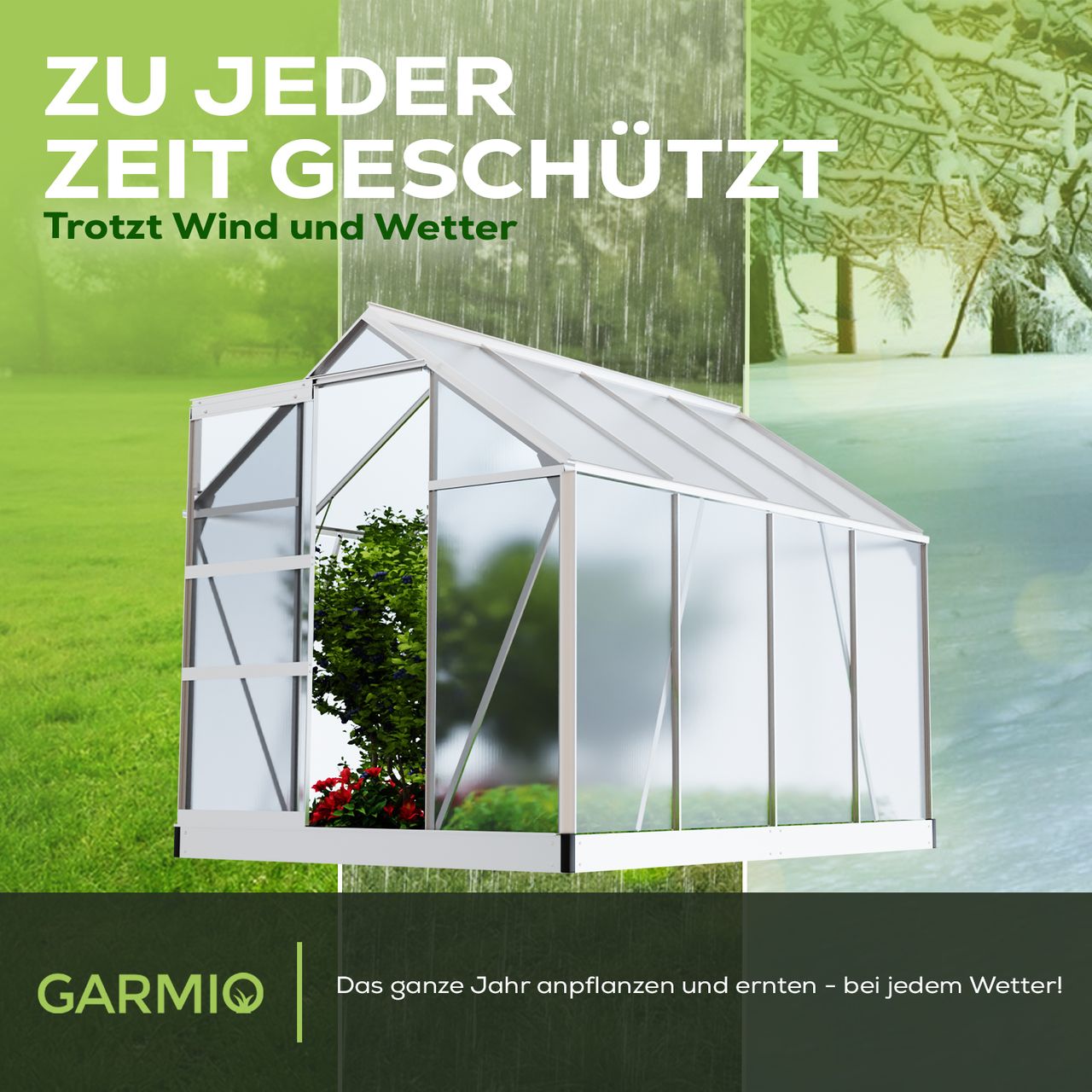 Garmio Gewächshaus NEAPEL 250x190cm für Garten,Alu Frühbeet inklusive Fundament,2 Dachfenster