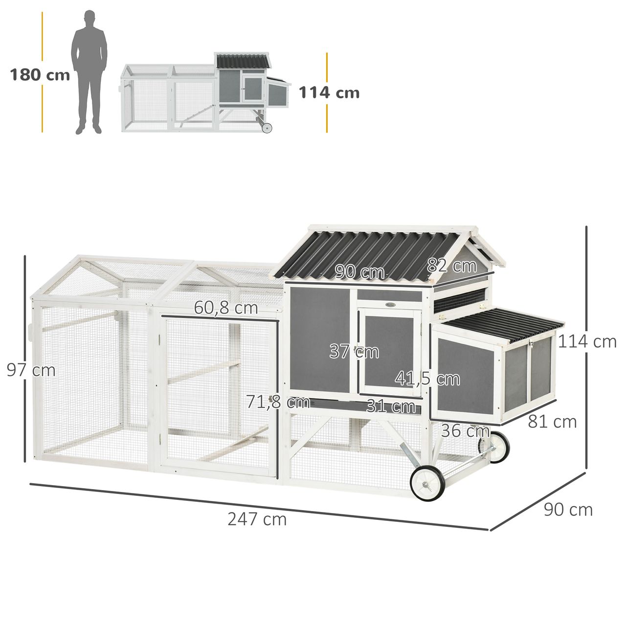 PawHut Hühnerstall Hühnerhaus mit Nistkasten Hühnervoliere mit Rädern und Griff Gehege Geflügelstall winterfest Tannenholz PVC Grau Weiß 247 x 90 x 114 cm