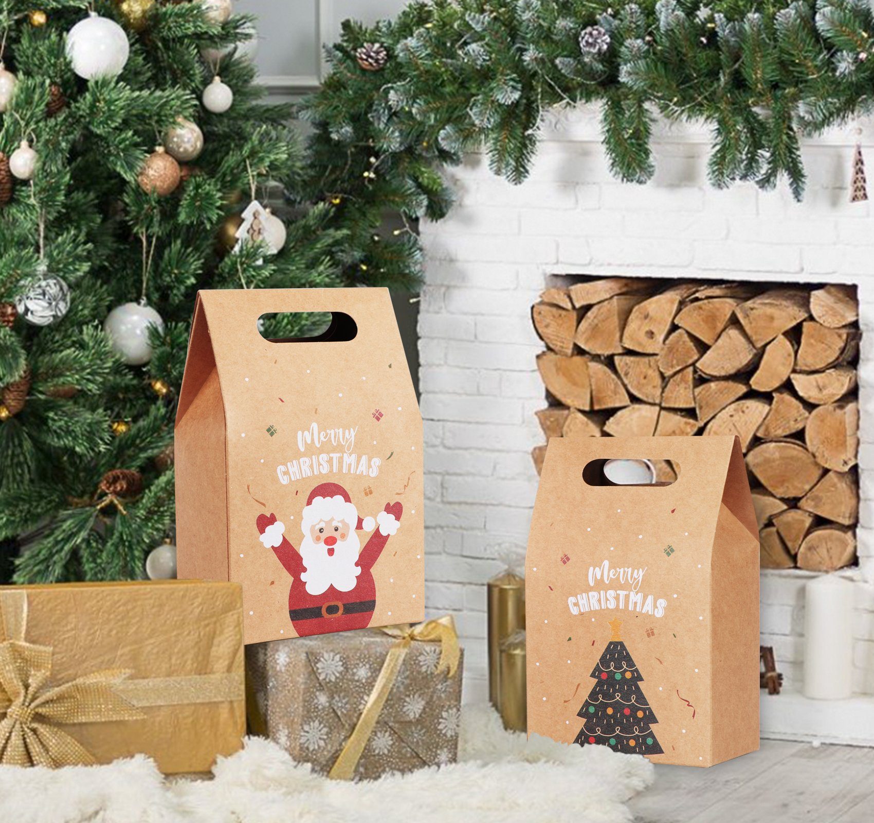 Homewit Christbaumschmuck Papiertüten Weihnachten Geschenktüten mit Kraftpapier Geschenktaschen (24-tlg), mit verschiedenen Weihnachtsmotiven Geschenke Mitgebsel
