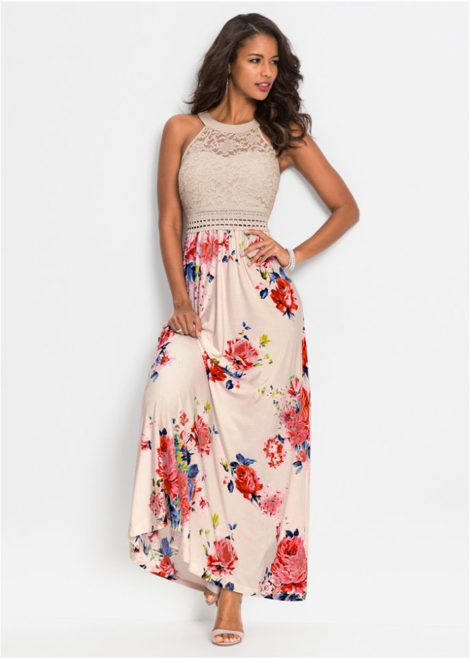 Sommer-Maxikleid mit Blumen-Print und Spitze
