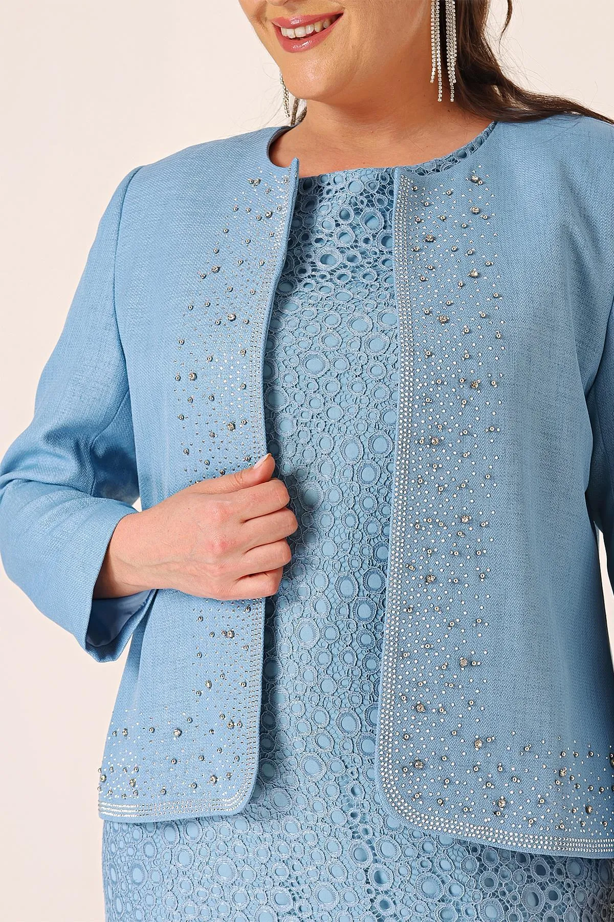By Saygı  Ärmelloses Gülpür-Kleid, steinfarbene, detaillierte Kreppjacke, gefüttert, große Größe, 2-teiliges Set