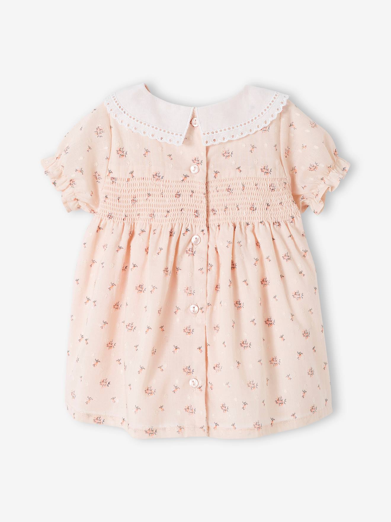 Vertbaudet Gesmoktes Baby Kleid mit besticktem Kragen - hellrosa