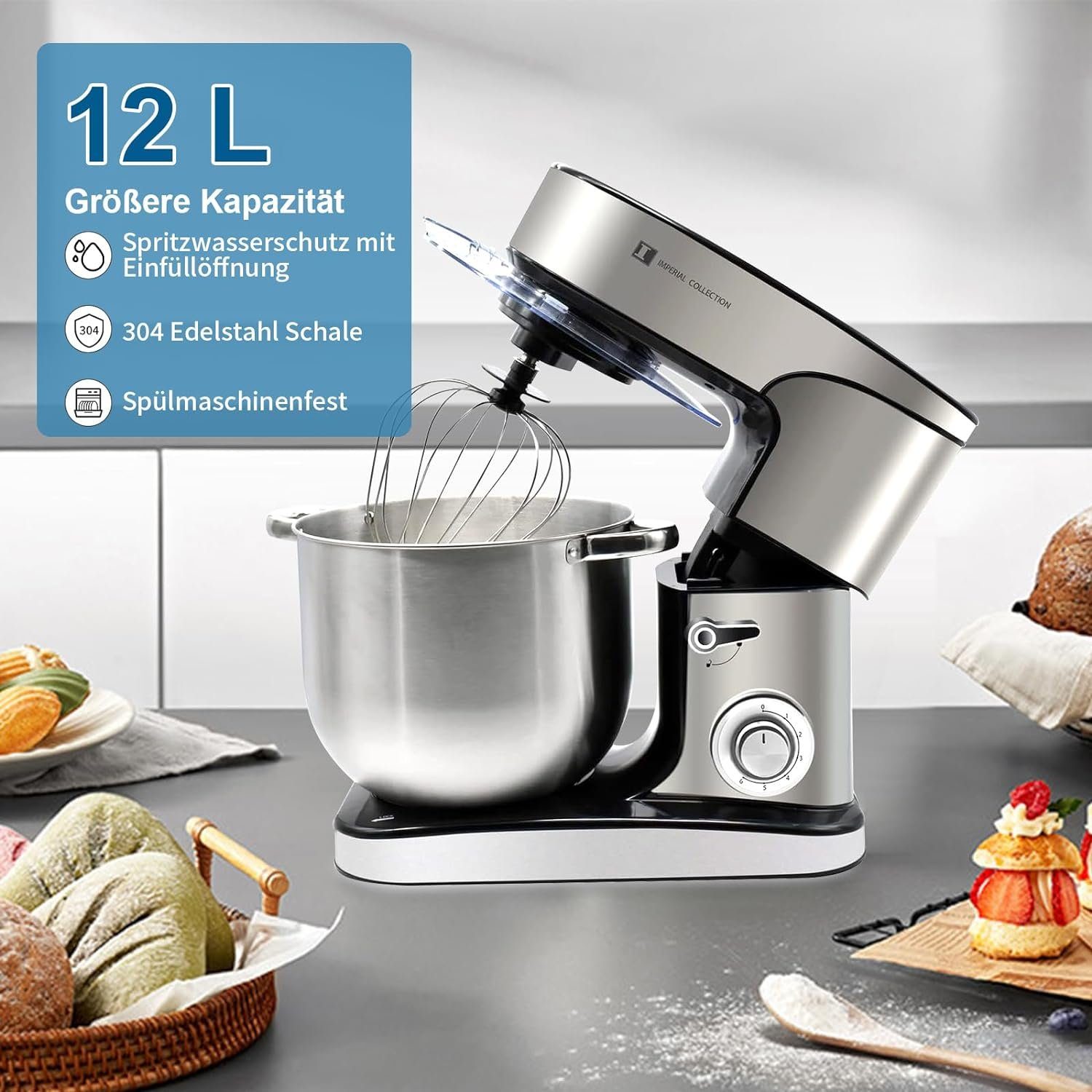 Kraftline Küchenmaschine 4in1 2500W 12L 6 Gänge Edelstahl Design Ideal für Brot und Pizzateig, 2500,00 W, 2500W Motor, 12L Edelstahlschüssel, Spülmaschinenfest