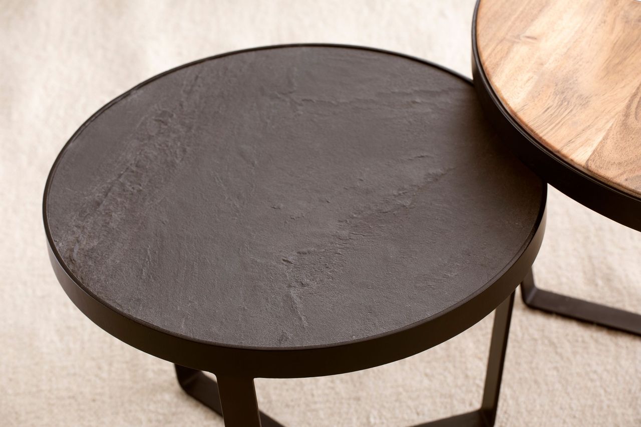 Wohnling Couchtisch 2er Set Rund Holz / Steinoptik Wohnzimmertisch Satztisch