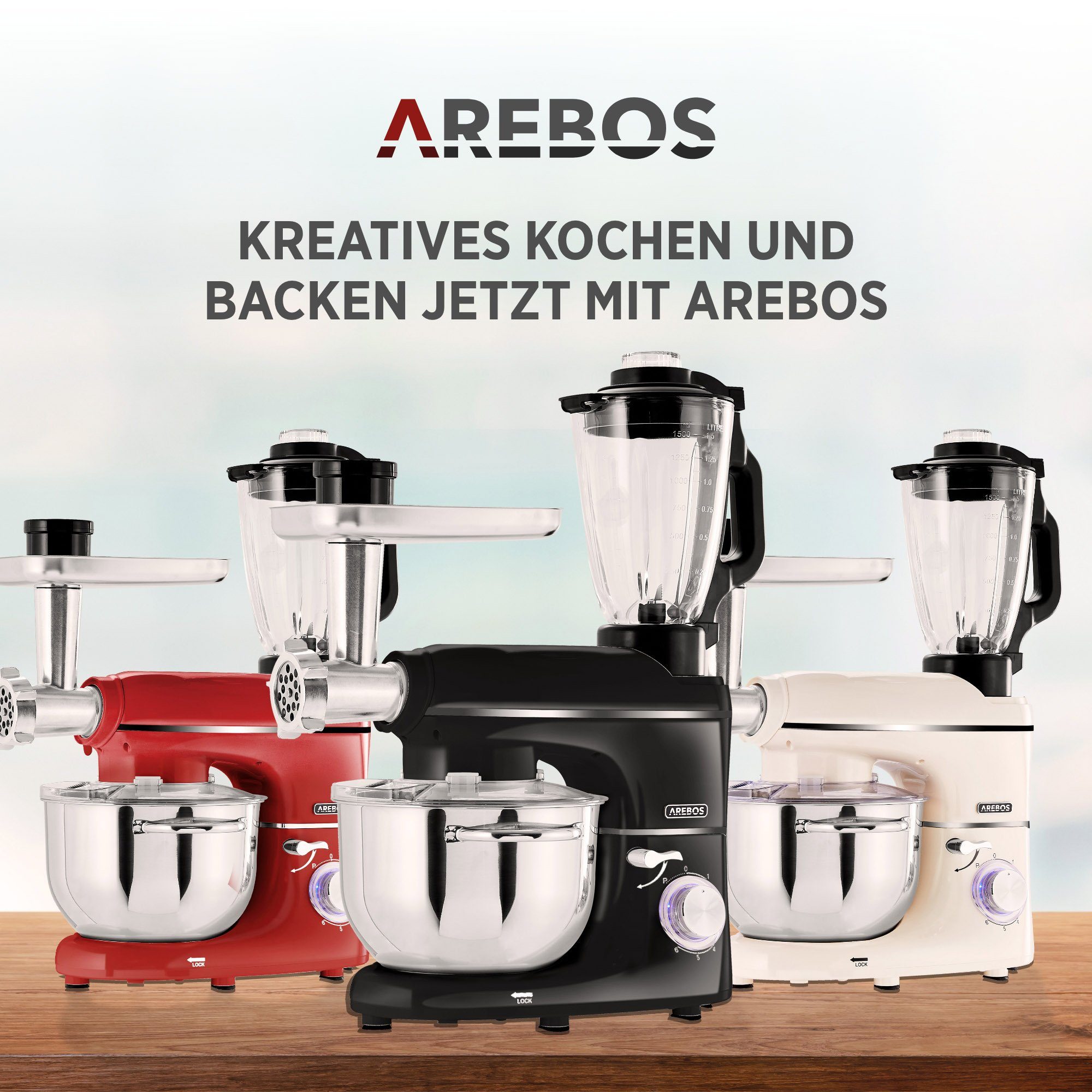 Arebos Küchenmaschine Fleischwolf, Nudelmaschine, Edelstahl-Schüssel, 1500 W, 5,50 l Schüssel, 3in1