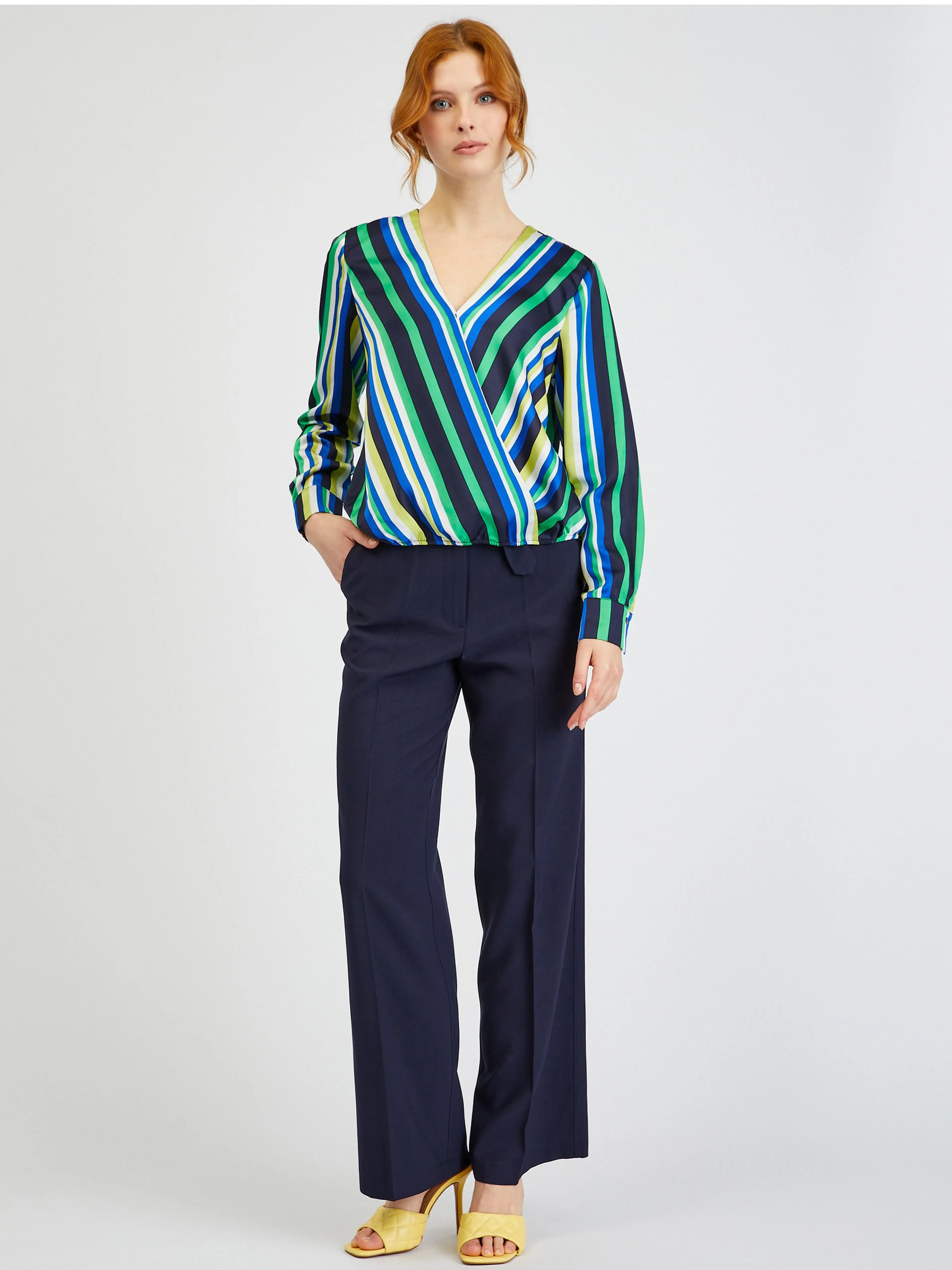 Blau-grün gestreifte Damen-Satinbluse ORSAY