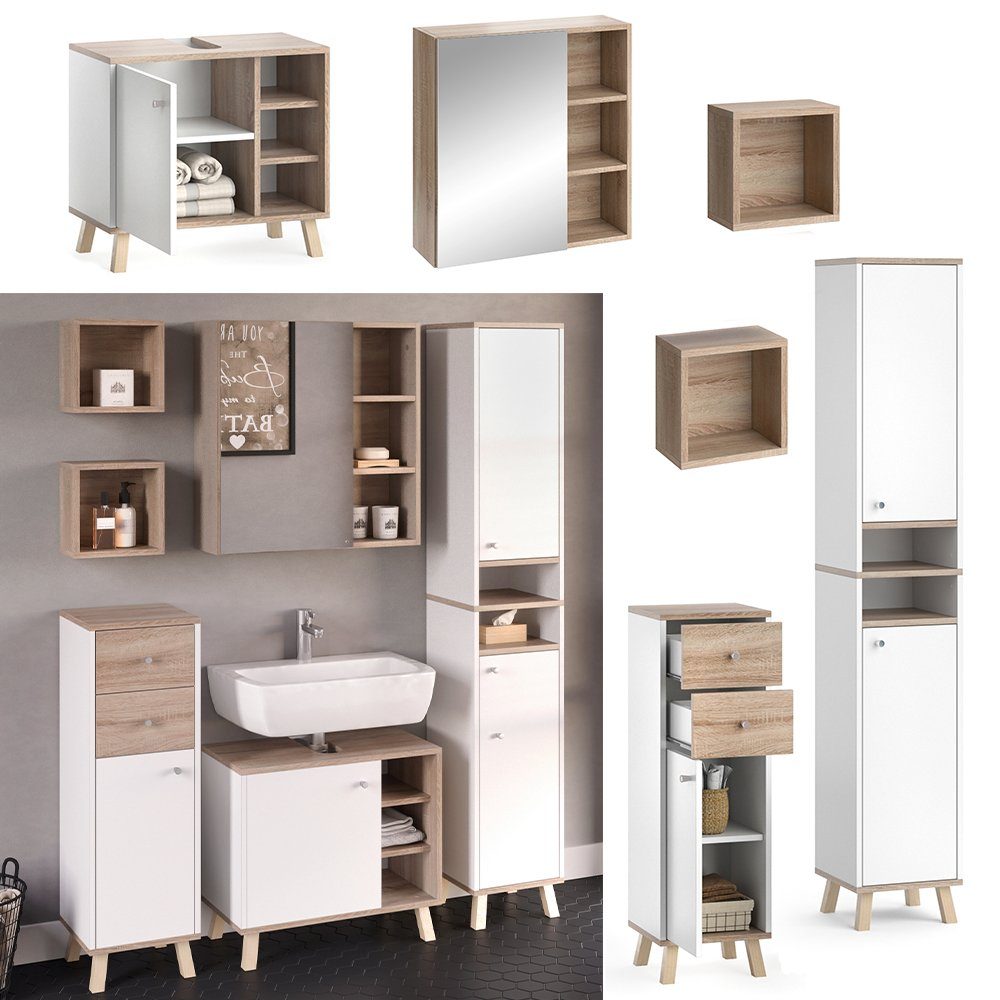 Vicco Badmöbel-Set Badezimmerset SENYO Sonoma / Weiß Set 3, (5-er Set, 5-St., 5-er Set)