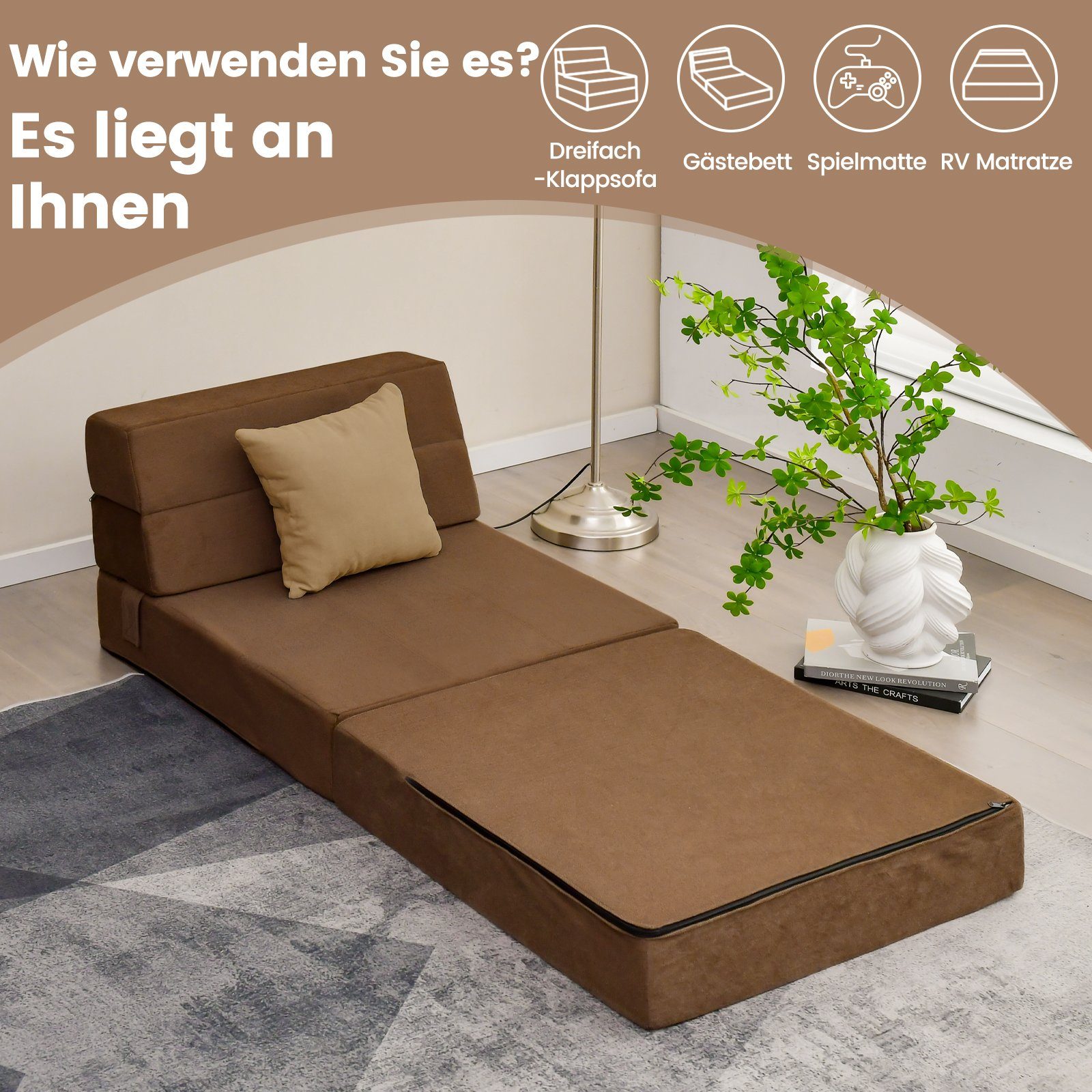 COSTWAY Schlafsofa, 3 in 1 Klappmatratze, mit abnehmbarem Bezug