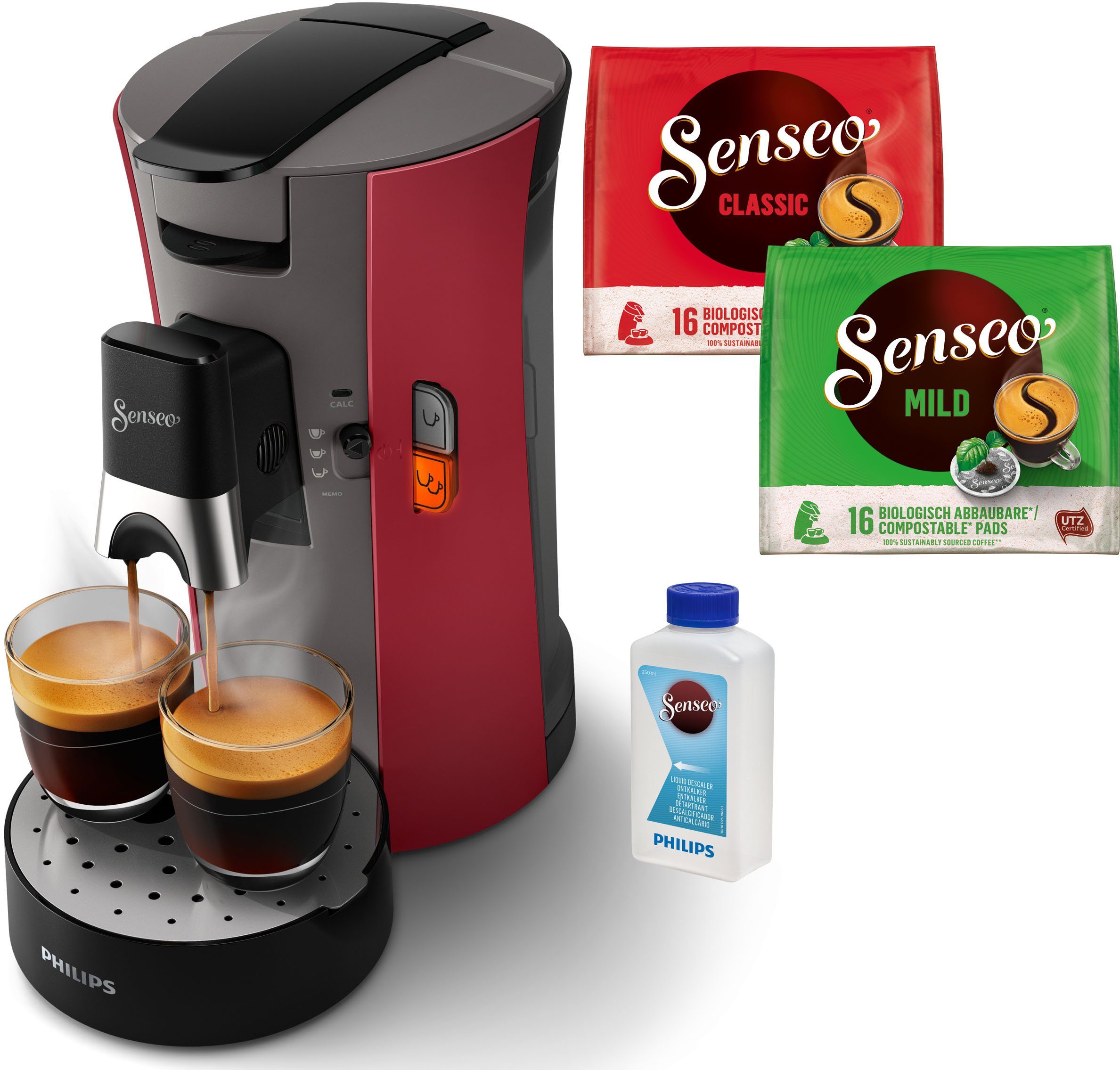 Philips Senseo Kaffeepadmaschine Select CSA240/90, aus 21% recyceltem Plastik und mit 3 Kaffeespezialitäten, dunkelrot