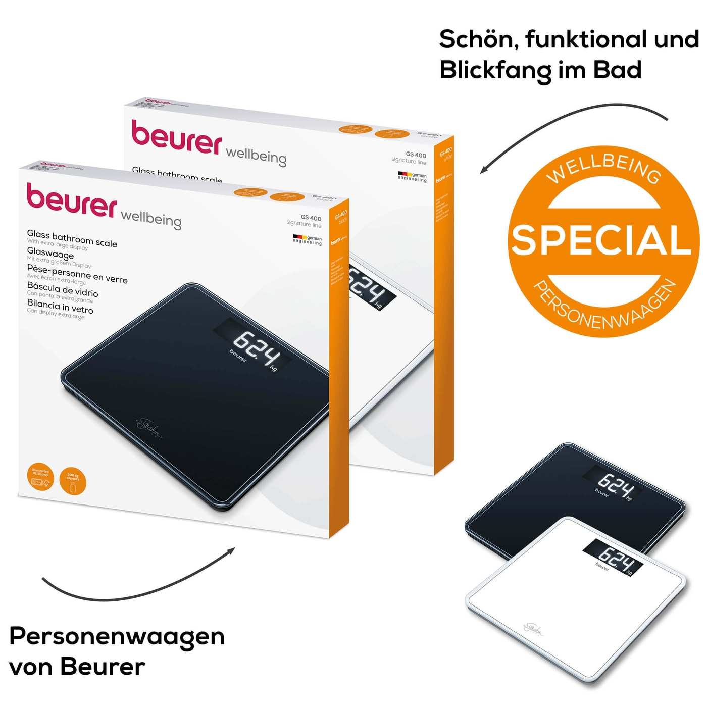 Glaswaage GS 400 SignatureLine Black-Große Personenwaage aus Glas im edlen Design - bis 200 kg