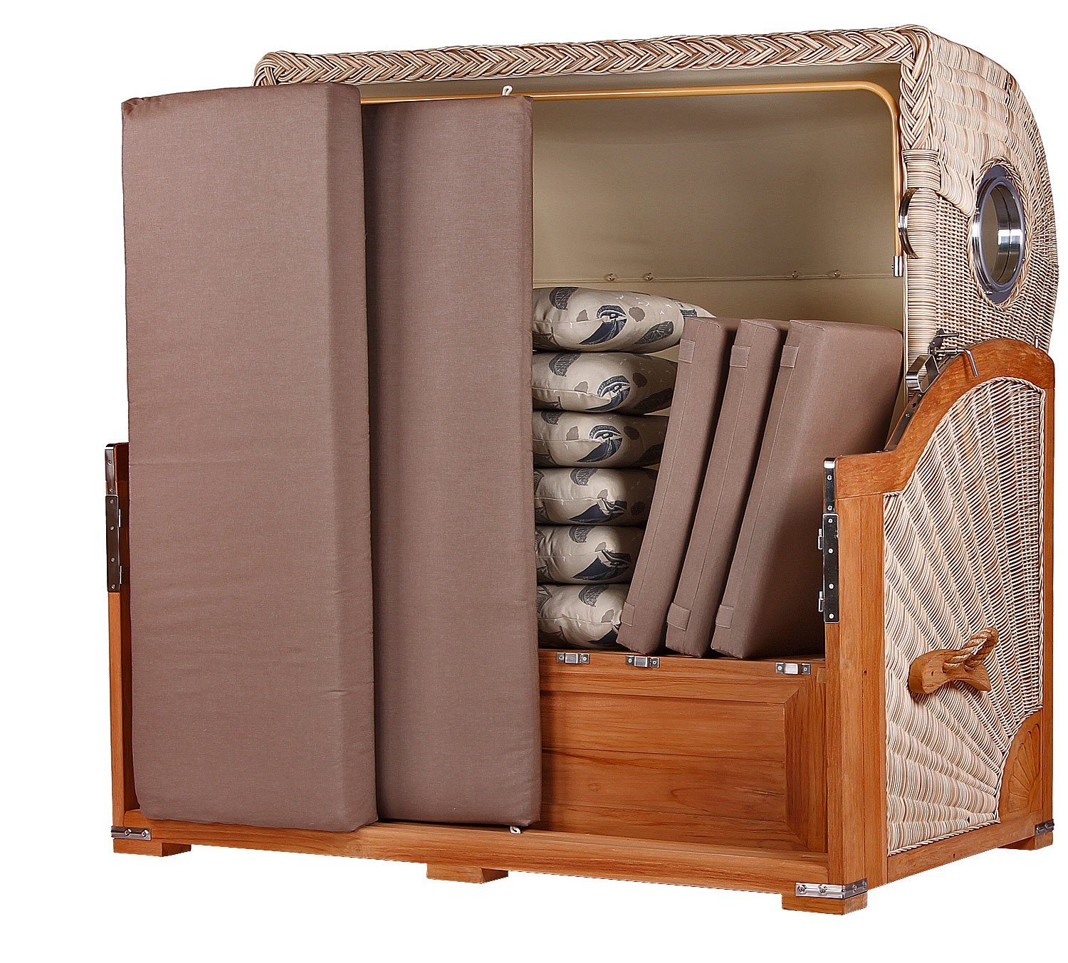 bene living Strandkorb Königssee 3-Sitzer Teak - PE shell - Modell 540, BxTxH: 170x95x170 cm, Volllieger ca. 175 Grad, Ostsee-Strandkorb, inkl. Liftersystem und Bullaugen