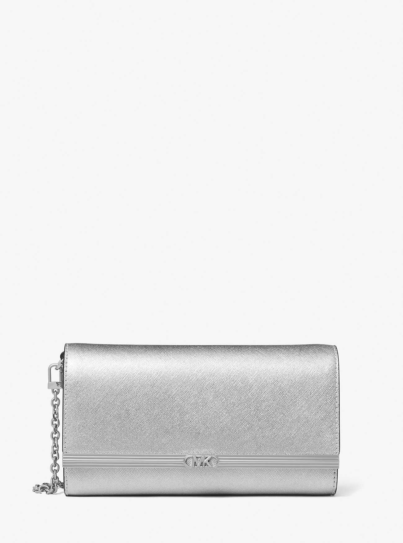 Mona Large Metallic Saffiano Leather Clutch - SILVER