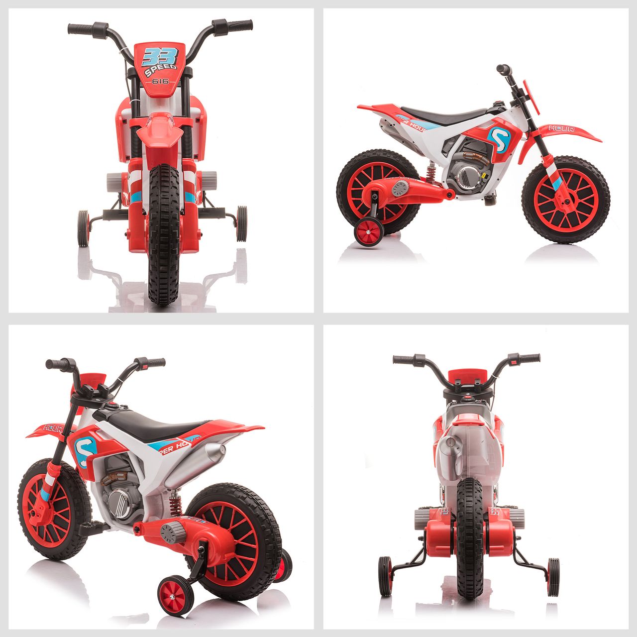 HOMCOM Elektromotorrad Kindermotorrad Kinderfahrzeug Elektrofahrzeug mit 2 abnehmbaren Stützrädern für Kinder ab 3 Jahren PP Metall Rot Weiß 106,5 x 51,5 x 68 cm