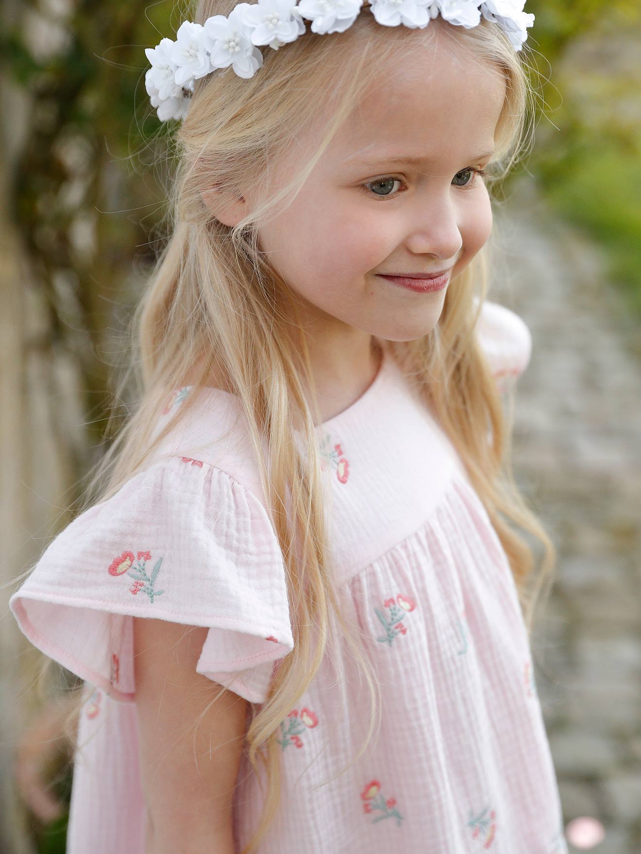 Robe brodée fleurs en gaze de coton fille rose