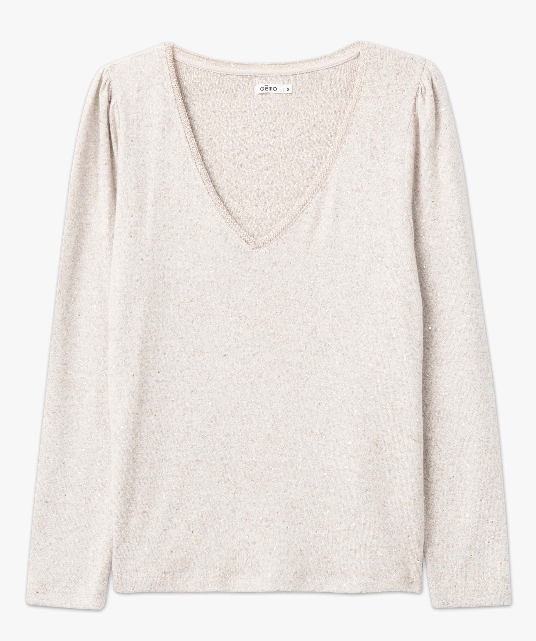 Tee-shirt femme à manches longues avec col V et motif paill... beige | GEMO