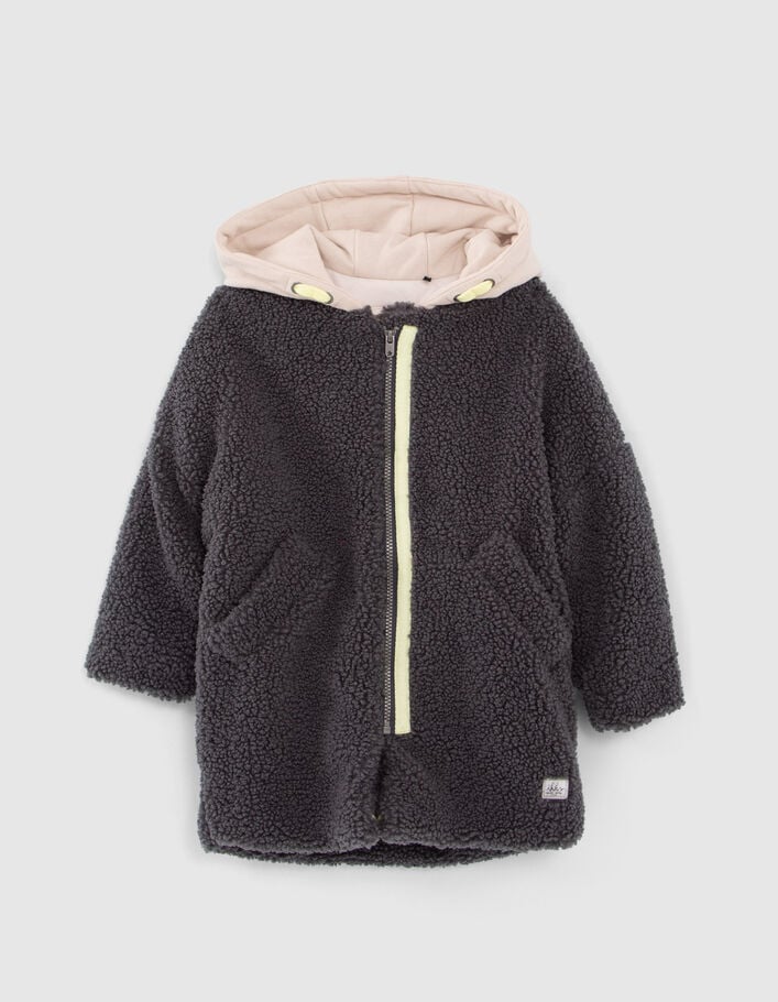 Manteau gris en Sherpa capuche bi-matière fille