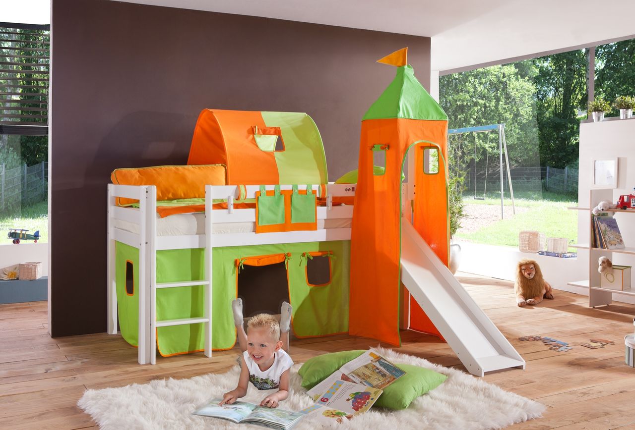 Relita Halbhohes Spielbett ALEX mit Rutsche/Turm/Tunnel Buche massiv weiß lackiert mit Stoffset grün/orange