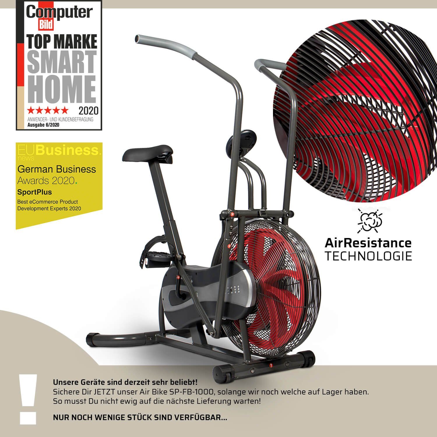 SportPlus Heimtrainer SP-FB-1000, AirBike, Fan-Bike, stufenloser Widerstand, Luftwiderstand, SP-FB-1000