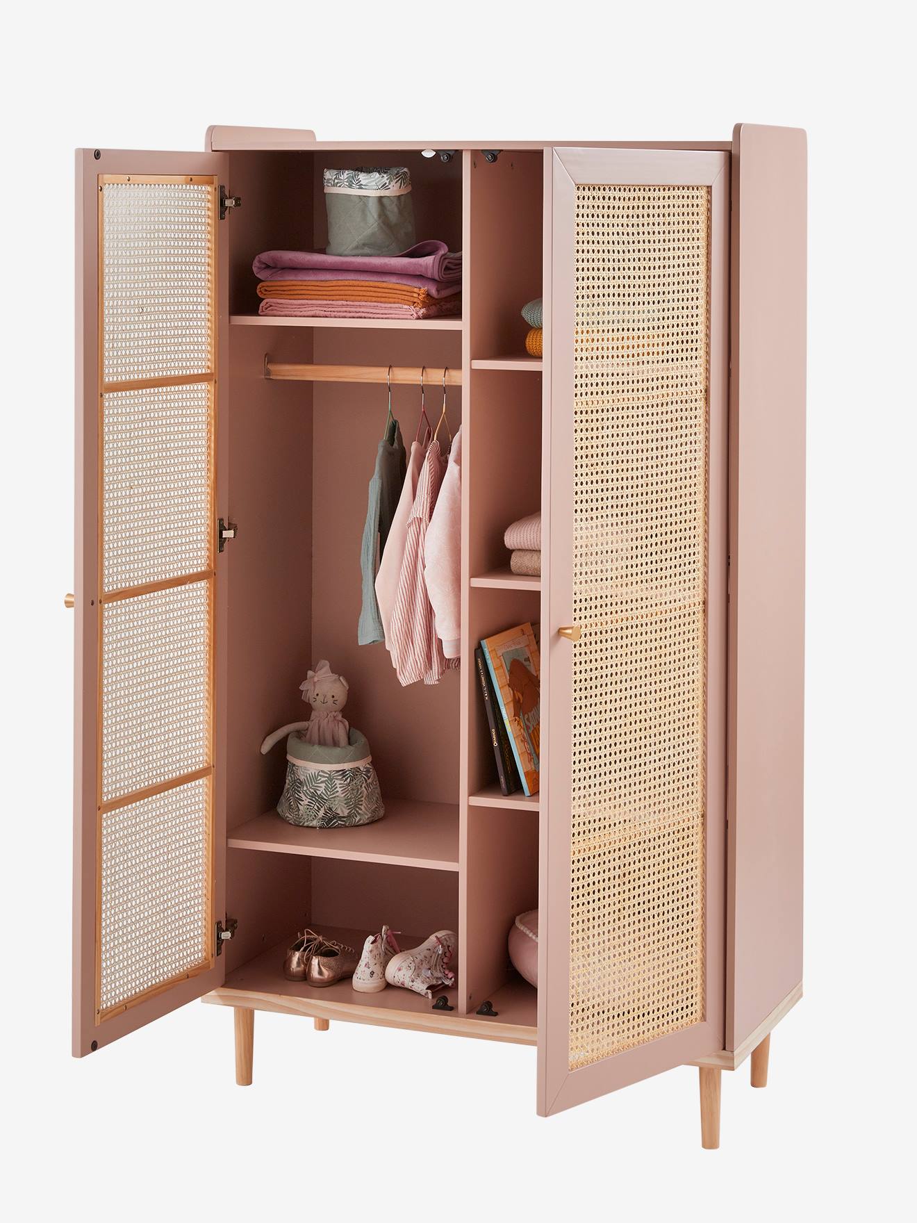 Vertbaudet Kinderzimmer Kleiderschrank POESIE mit Rattan - grün/natur