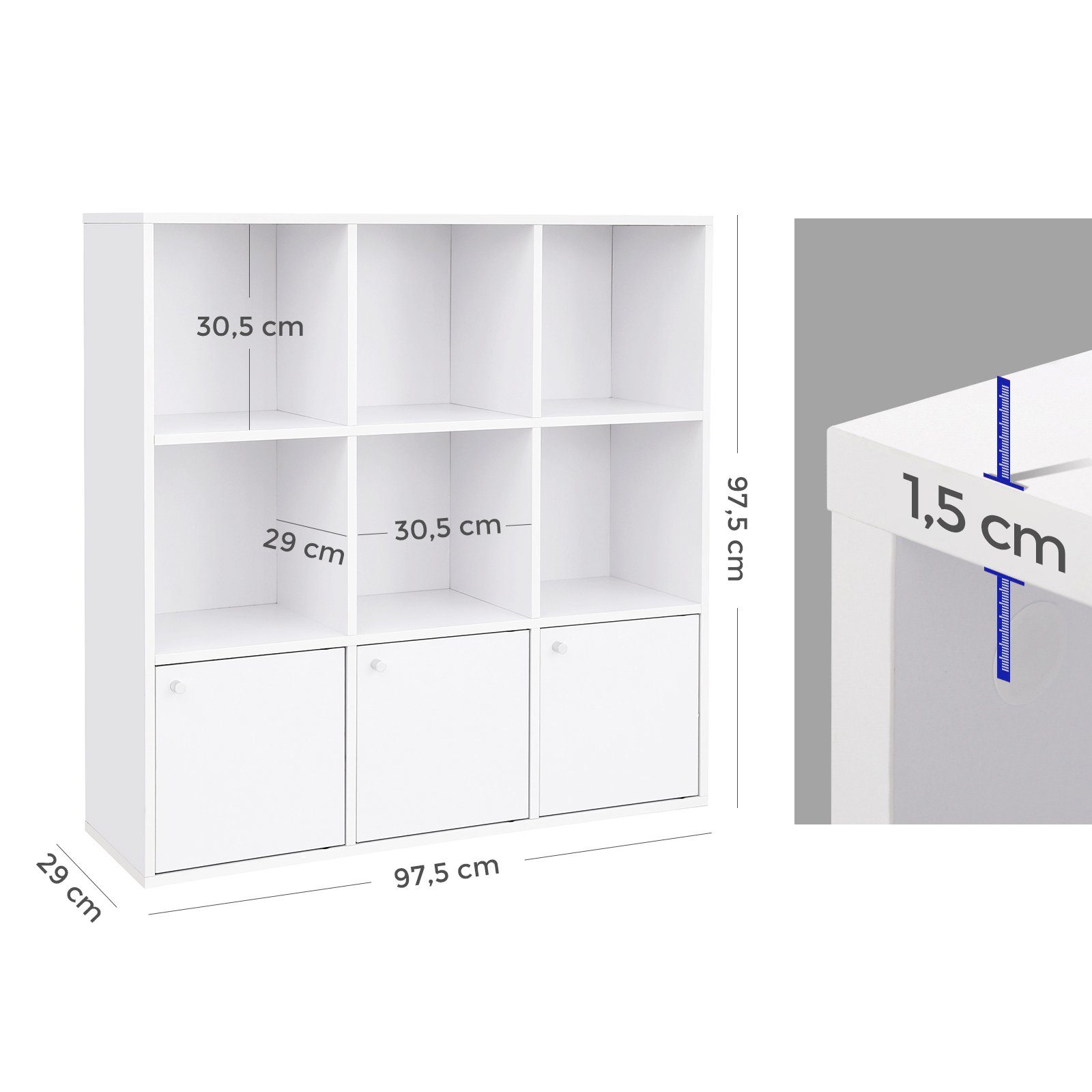 VASAGLE Bücherregal, Bücherschrank, Büro, mit 3 Türen, weiß