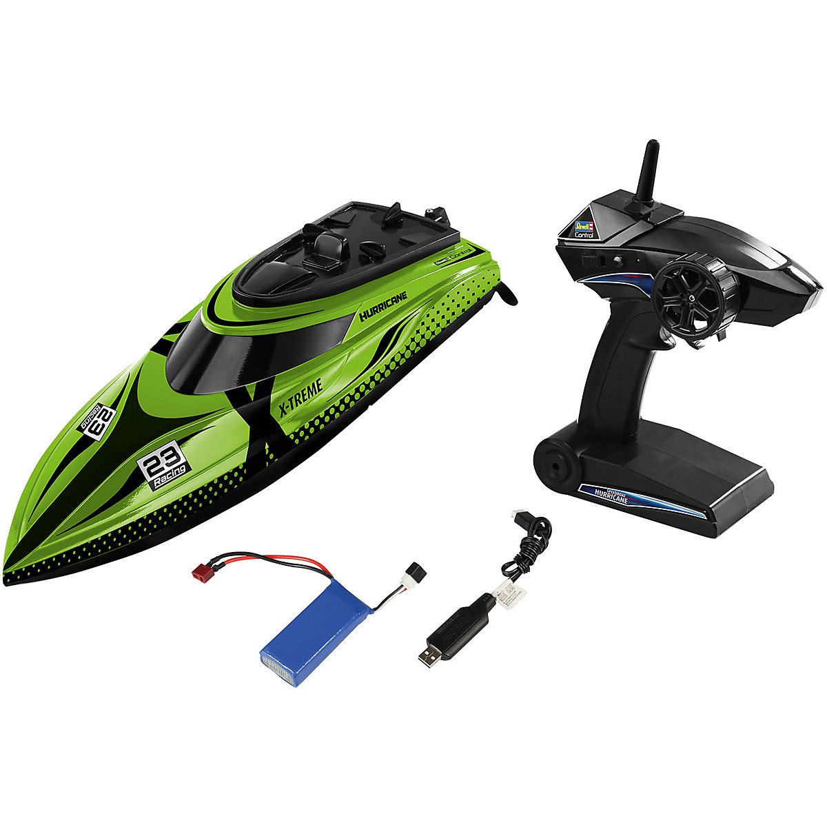 RC X-TREME Speedboat "Hurricane", bis zu 45 km/h, Anti-Kenter-Funktion, mit Schutzschaltung - die Propeller laufen erst im Wasser an, Revell Control schnelles Ferngesteuertes Boot, 46 cm