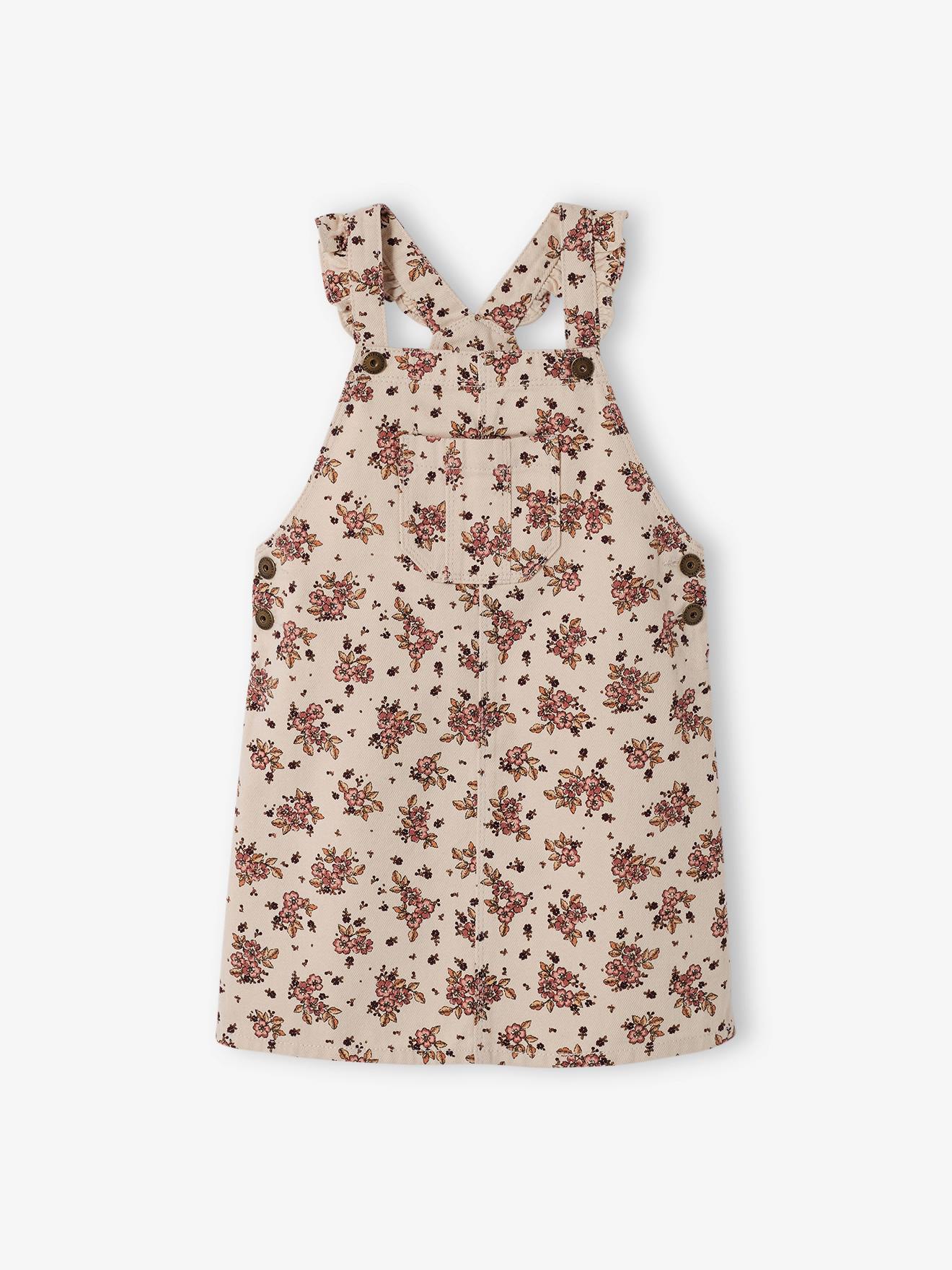 Robe-salopette à fleurs bretelles à volants beige rosé imprimé