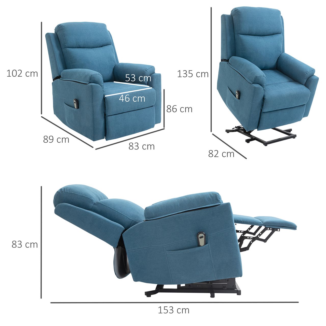 HOMCOM elektrischer Aufstehsessel Sessel mit Aufstehhilfe für Senior Relaxsessel Fernsehsessel Liegefunktion Leinen-Touch Blau 83 x 89 x 102 cm