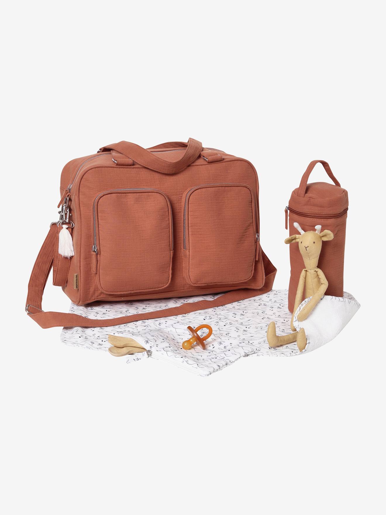 Sac à langer multipoches en gaze de coton Family terracota
