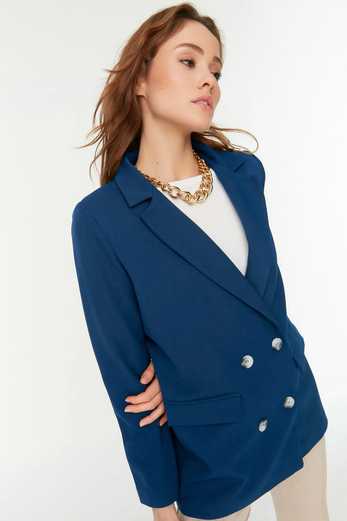 Trendyol Collection  Indigofarbener, regelmäßig gefütterter, zweireihiger, gewebter Blazer-Jacke TWOAW21CE0264