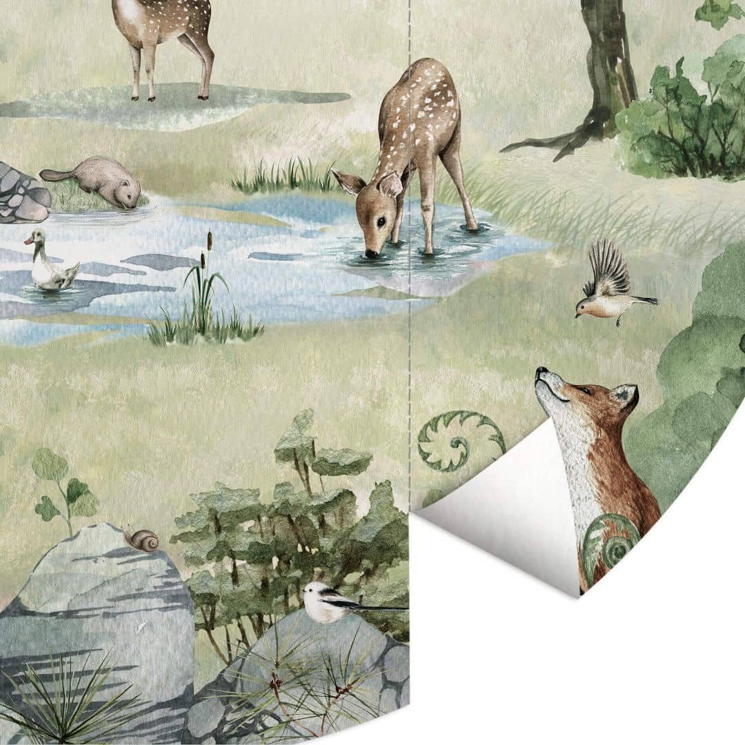 K&L Wall Art Fototapete Fototapete Baby Kinderzimmer Waldtiere Reh Hirsch Wald Vliestapete rund, große Kinder Motivtapete