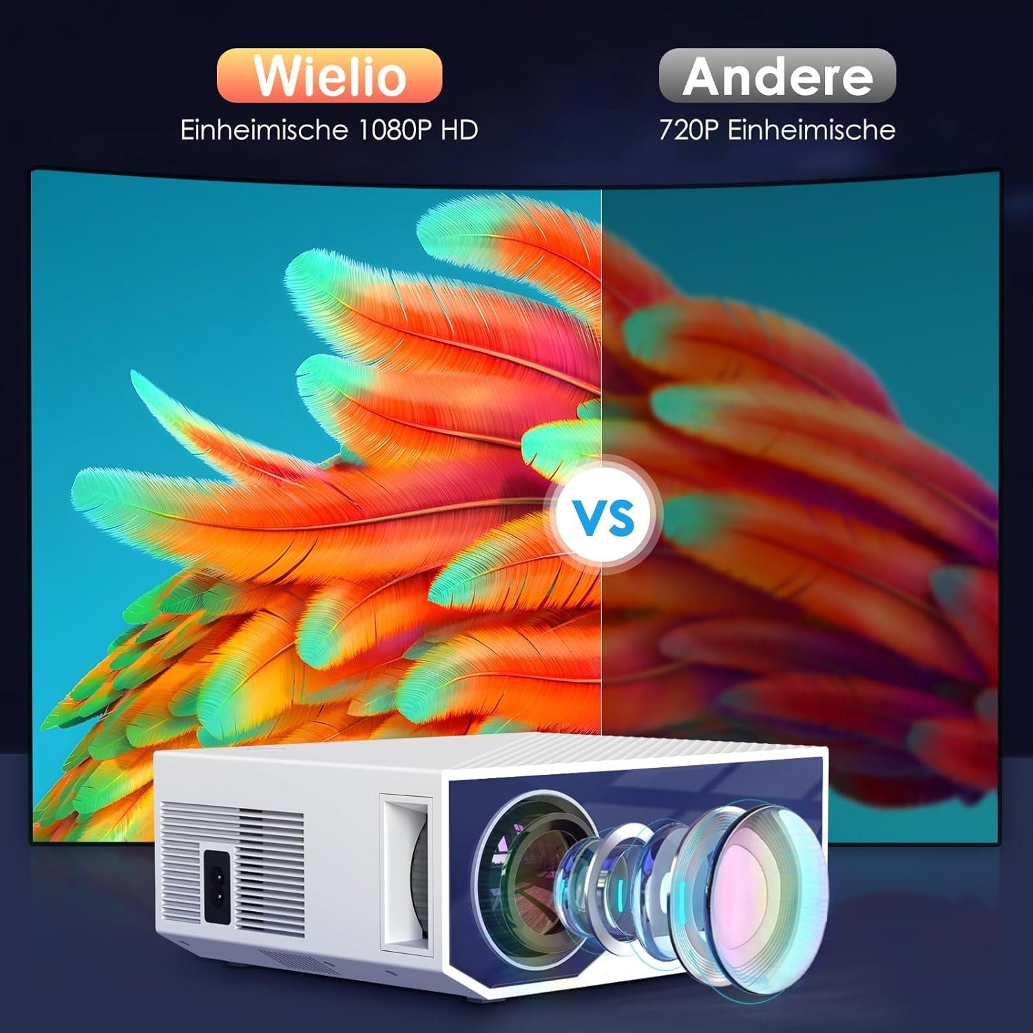 Wielio Mini Beamer WiFi Bluetooth Outdoor/Home Video Portabler Projektor (12000 lm, 1920x1080P px, 4K Wireless Home Display 300 Zoll, kompatibel mit iOS/Android/TV Stick)