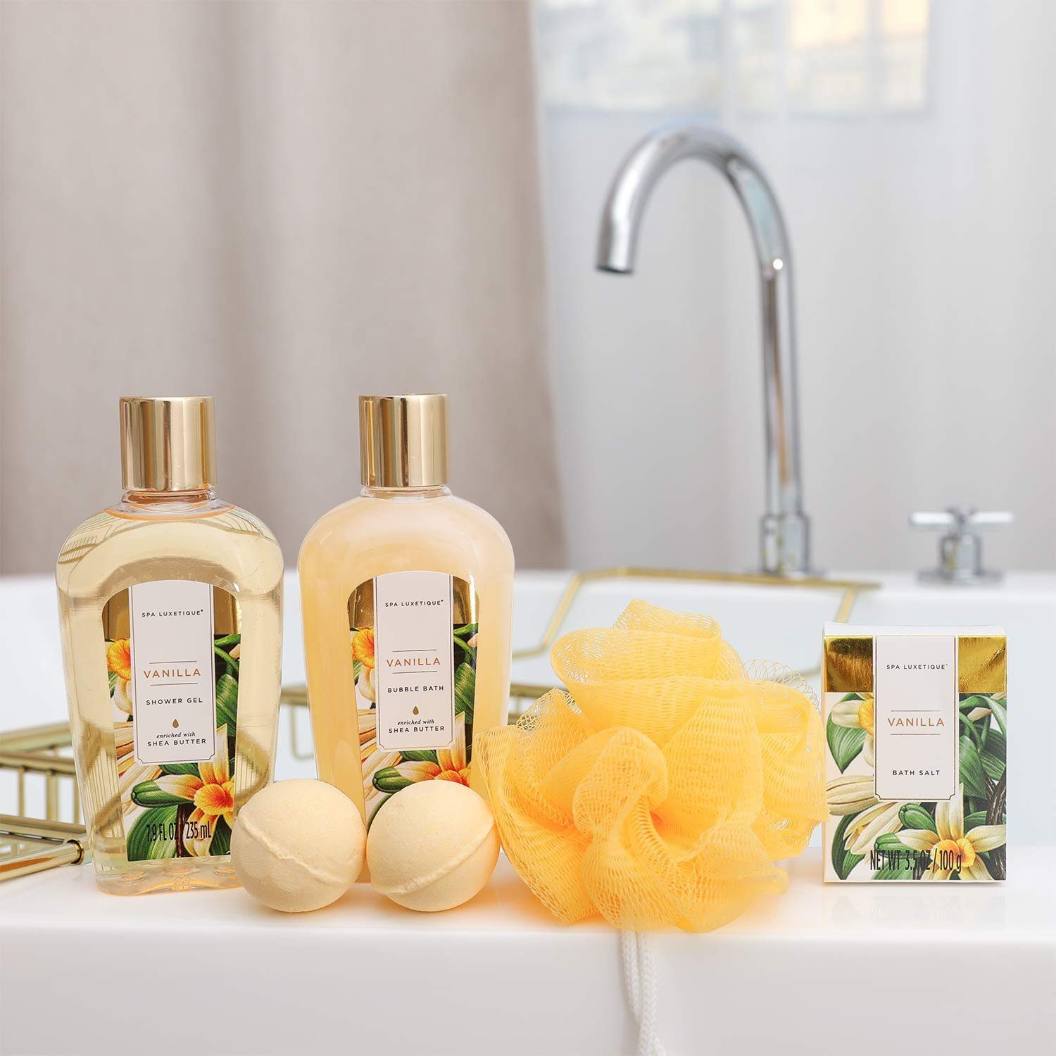 Spa luxetique Pflege-Geschenkset Bade Set mit Deko Badewanne, 8-tlg., Wellness, Beauty Set für Frauen 8 tlg. Geburtstagsgeschenk Vanilleduft