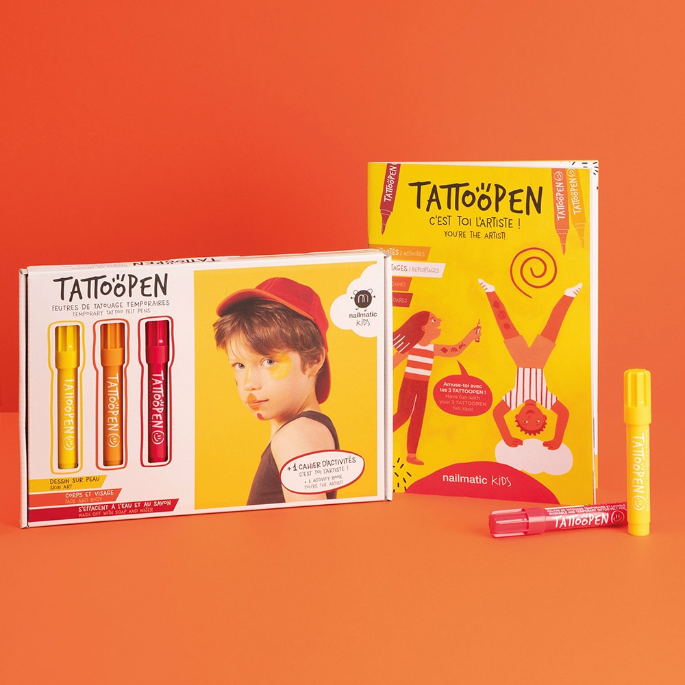 nailmatic Kit TATTOOPEN C'est Toi l'Artiste Coffret avec 3 feutres de tatouage temporaire et un cahier d'activitié