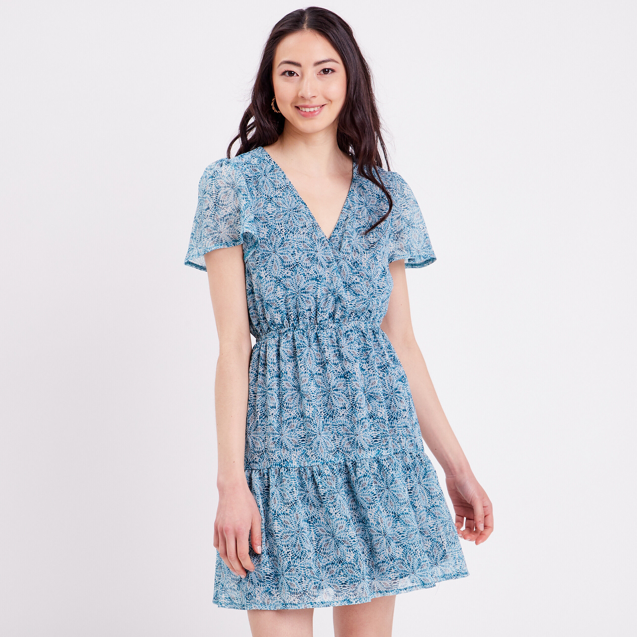 Robe évasée col cache-coeur bleu femme | Cache Cache