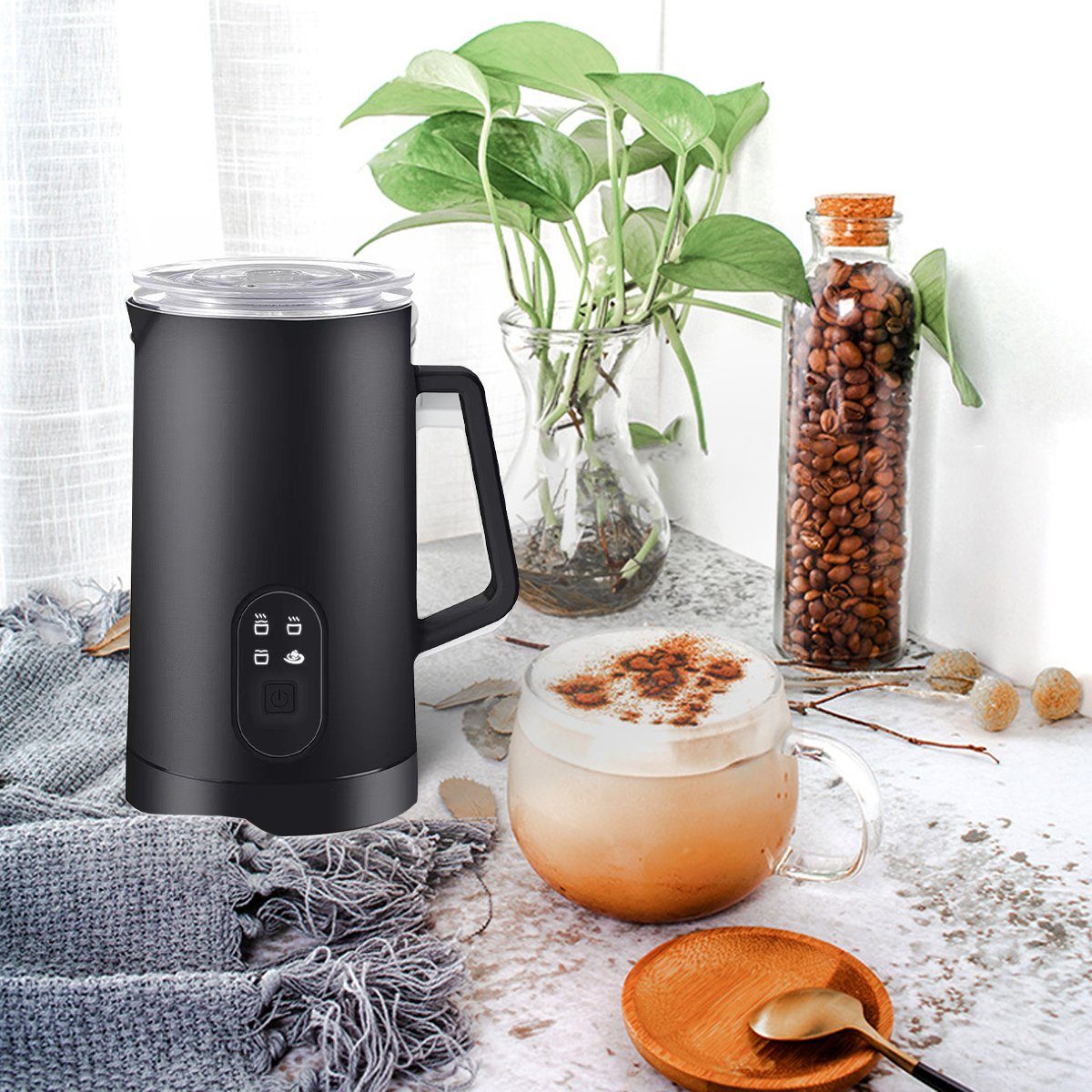 Hikeren Milchaufschäumer 4-in-1 Elektrischer Milchaufschäumer,400W,350ml für Heißer,Kalter, 400,00 W