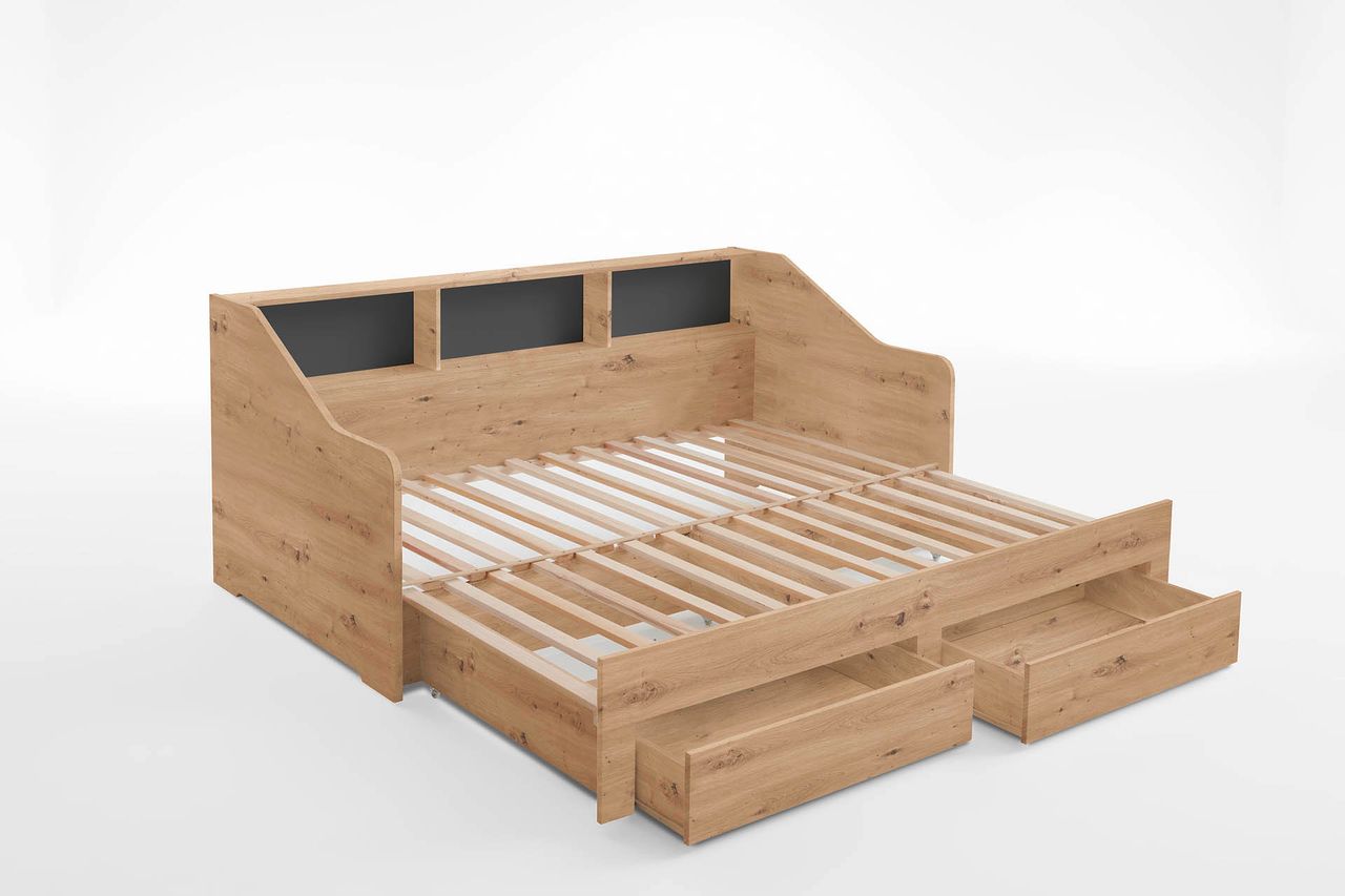 Relita Funktionsbett RENE von 90 auf 180 x 200 cm ausziehbar, mit 2 Schublade & Regal, Ausf. Eiche Artisan Dekor