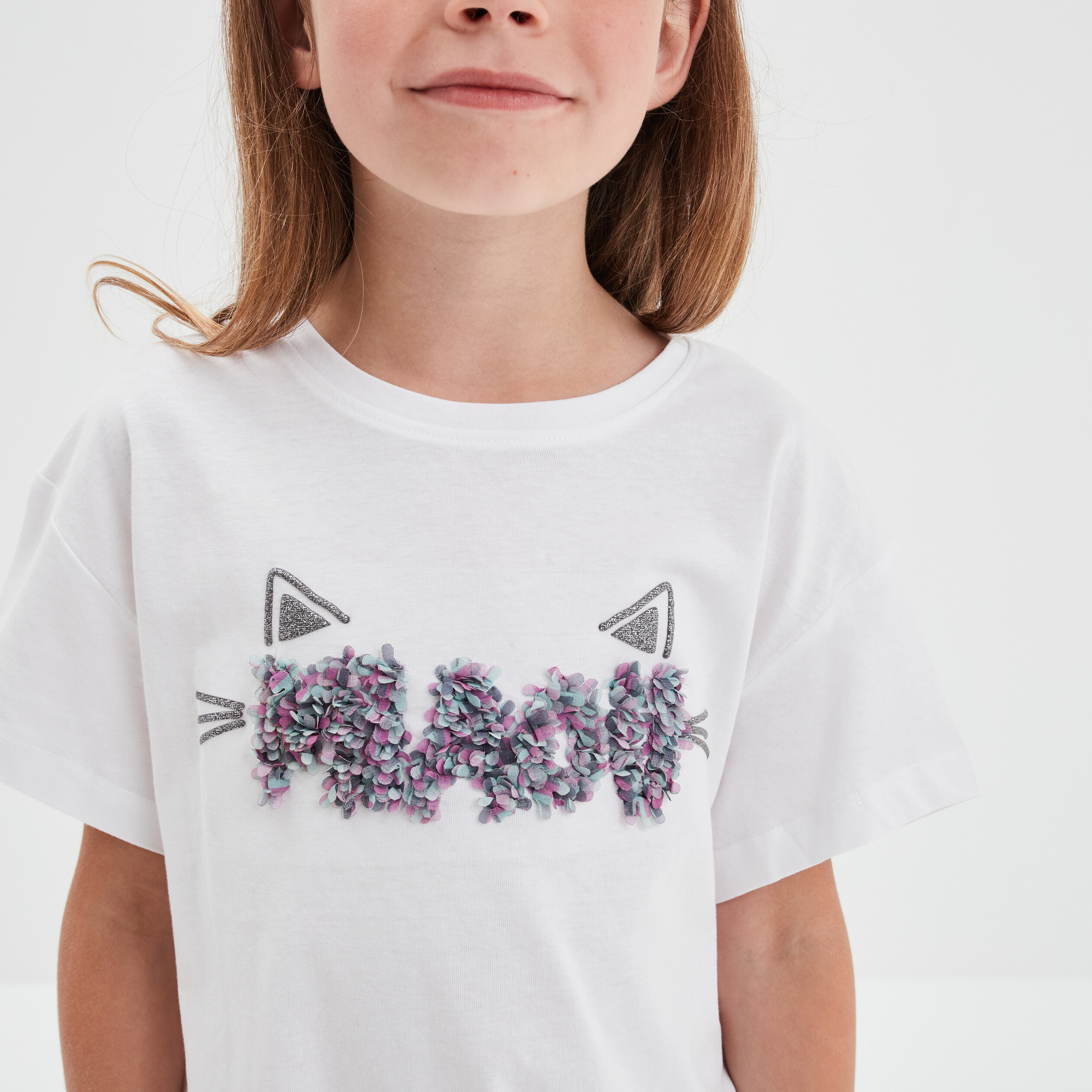 T-shirt avec pétales manches courtes ivoire fille | La Halle