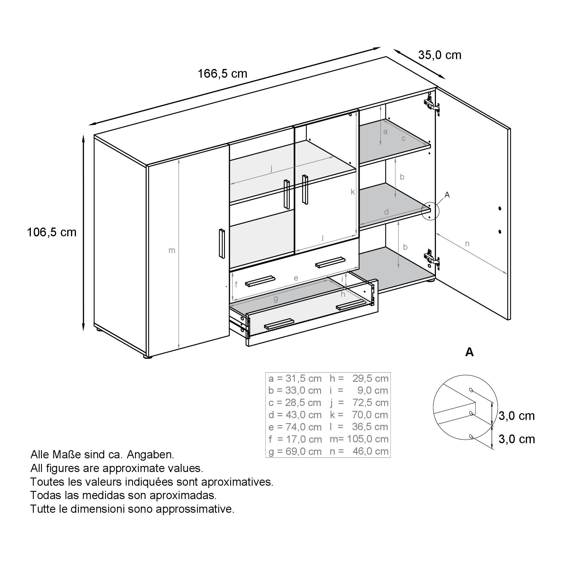 Vladon Highboard Nora (Anrichte mit 2 Schubladen, und 4 Türen mit insgesamt 8 Fächer dahinter), Weiß matt/Weiß matt (166,5 x 106,5 x 35 cm)