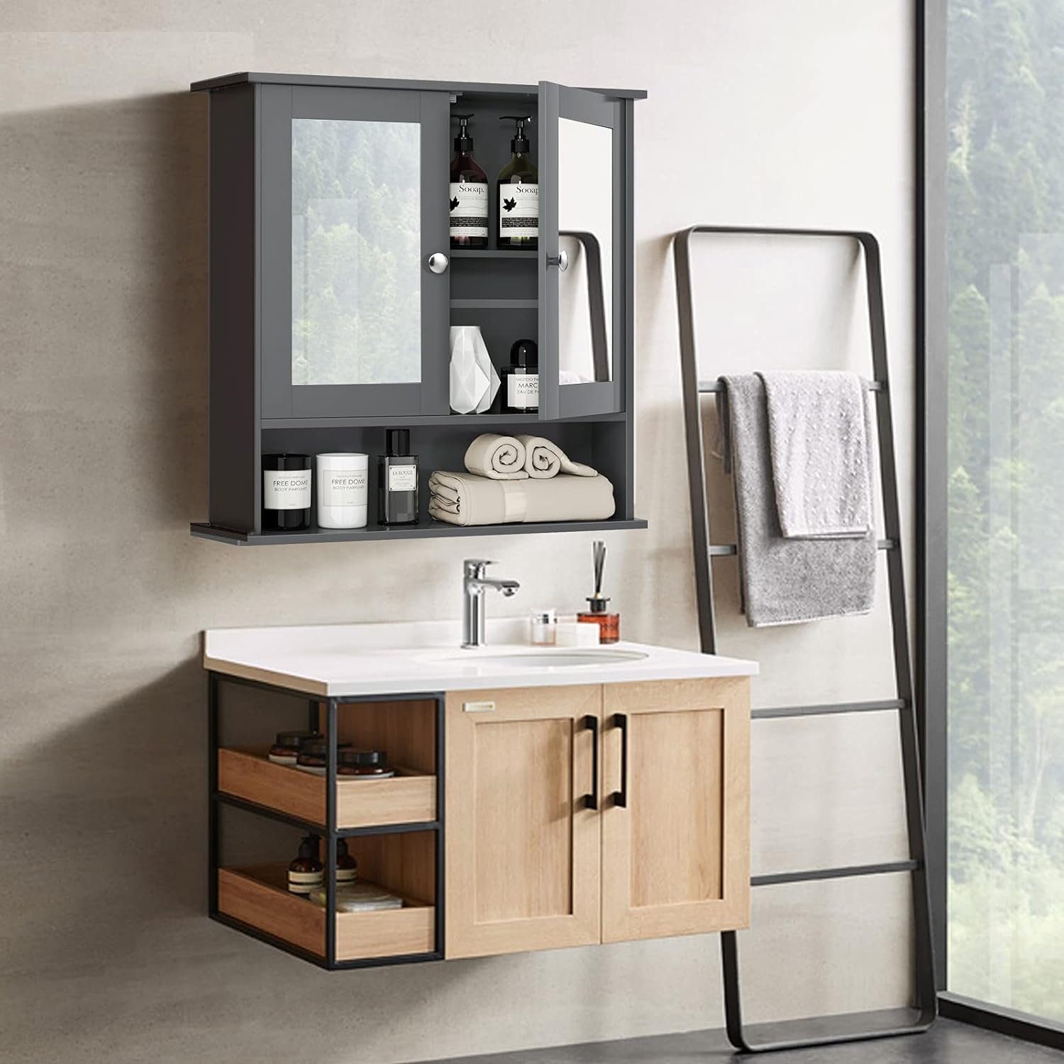 KOMFOTTEU Spiegelschrank Badezimmerspiegelschrank Wandschrank hängend, 56 x 13 x 58 cm