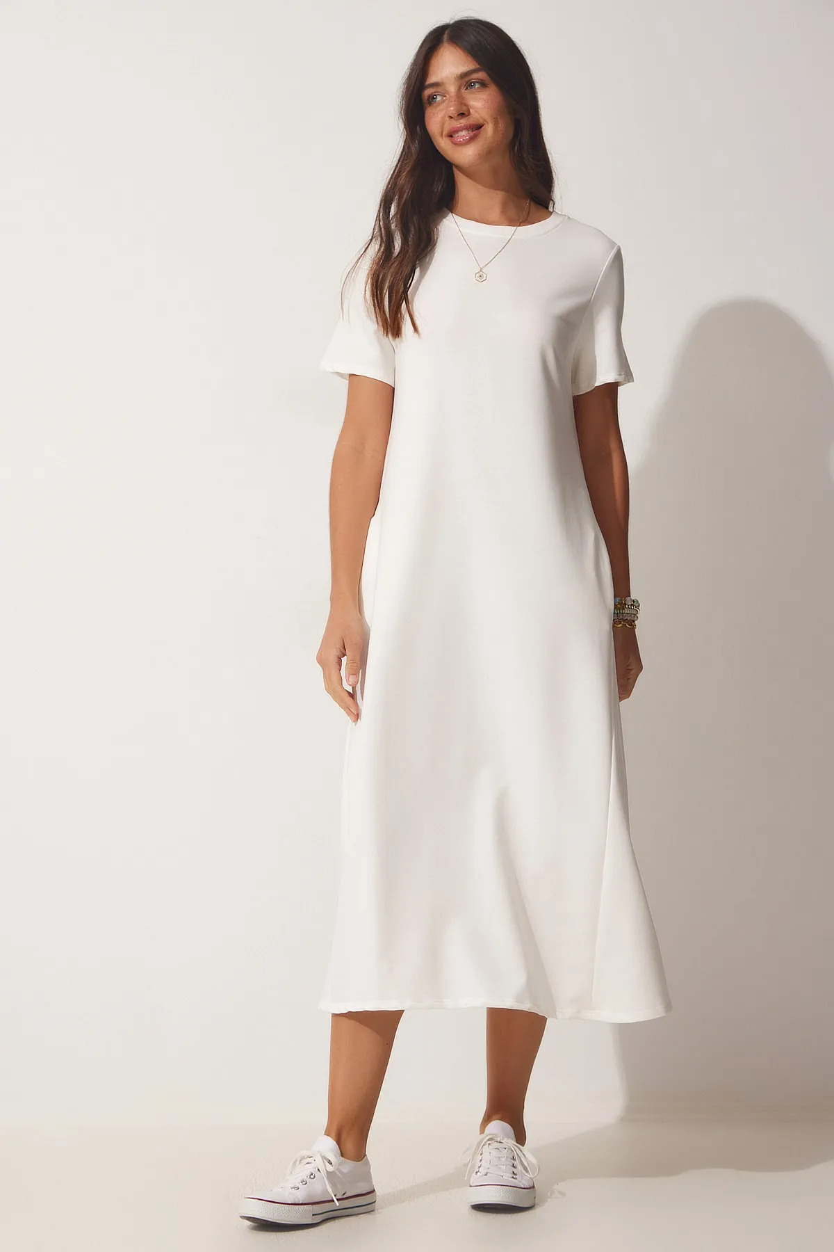 Happiness İstanbul  Ecrufarbenes A-Linien-Sommerkleid aus gekämmter Baumwolle für Damen UB00060