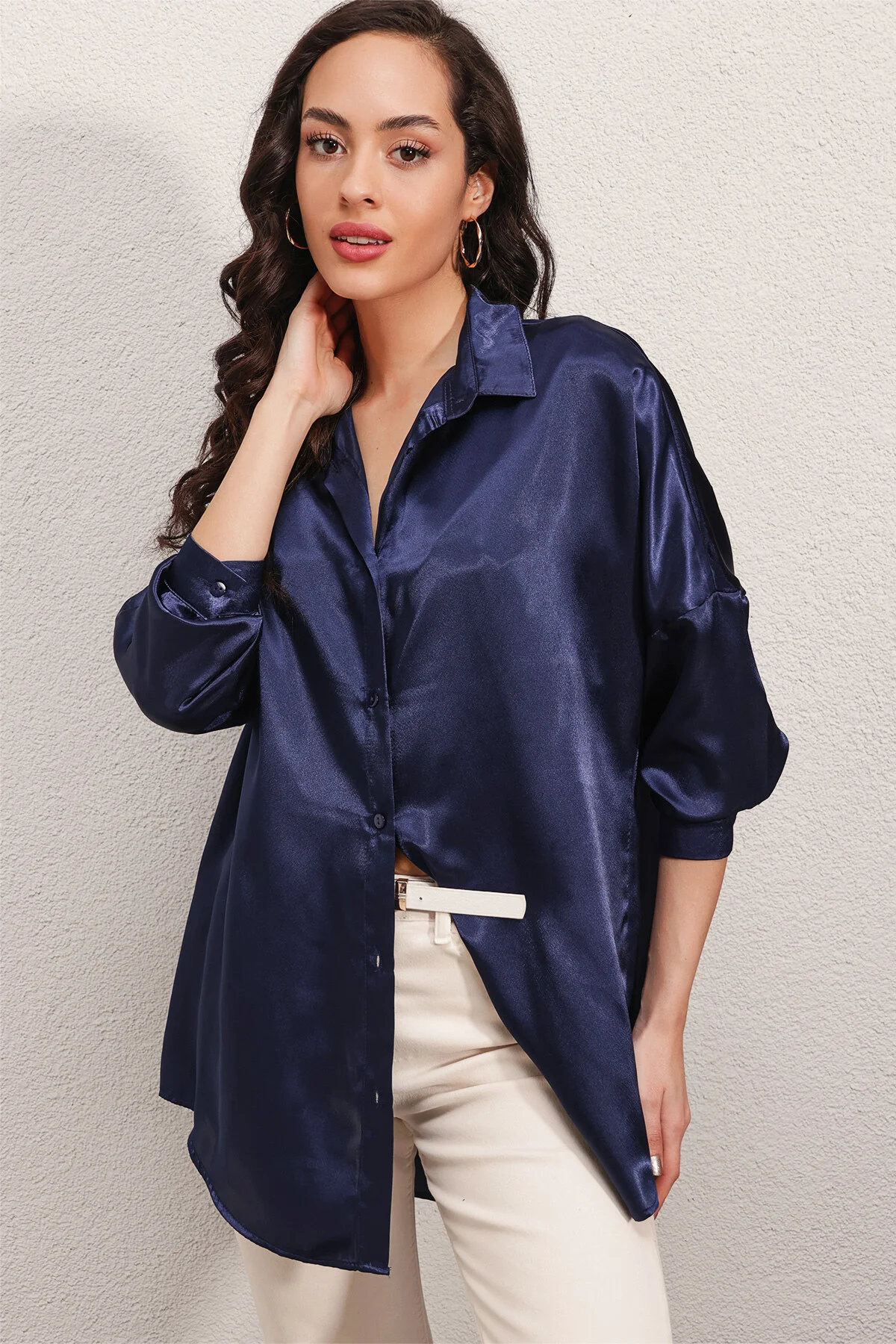 Bigdart  3985 Oversize-Satinhemd – Marineblau