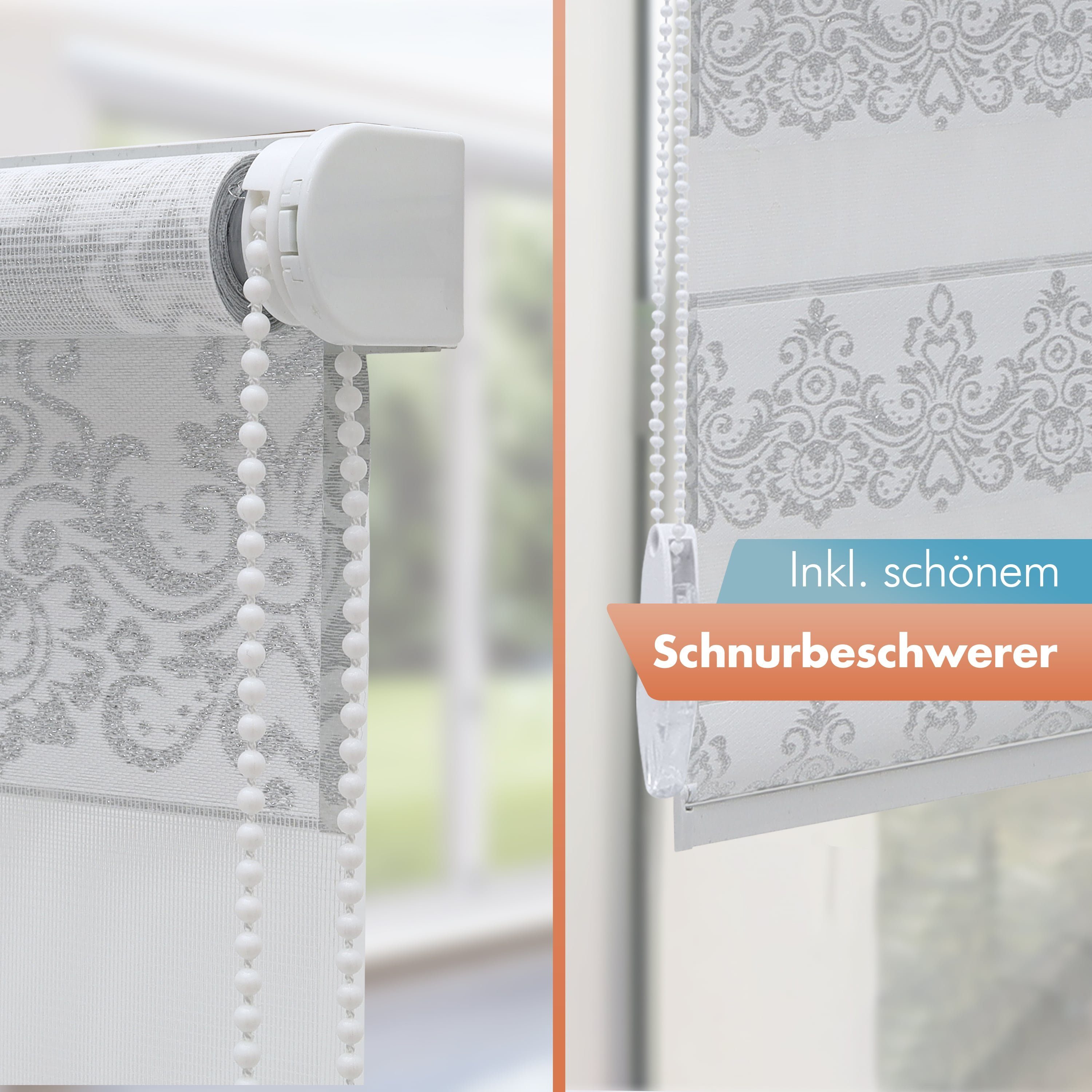 Doppelrollo mit Muster, Duo Rollo Klemmfix, Seitenzugrollo, Bailena, Lichtschutz, ohne Bohren, freihängend, Klemmfix, Barock Ornamente, gemustert, glitzernd