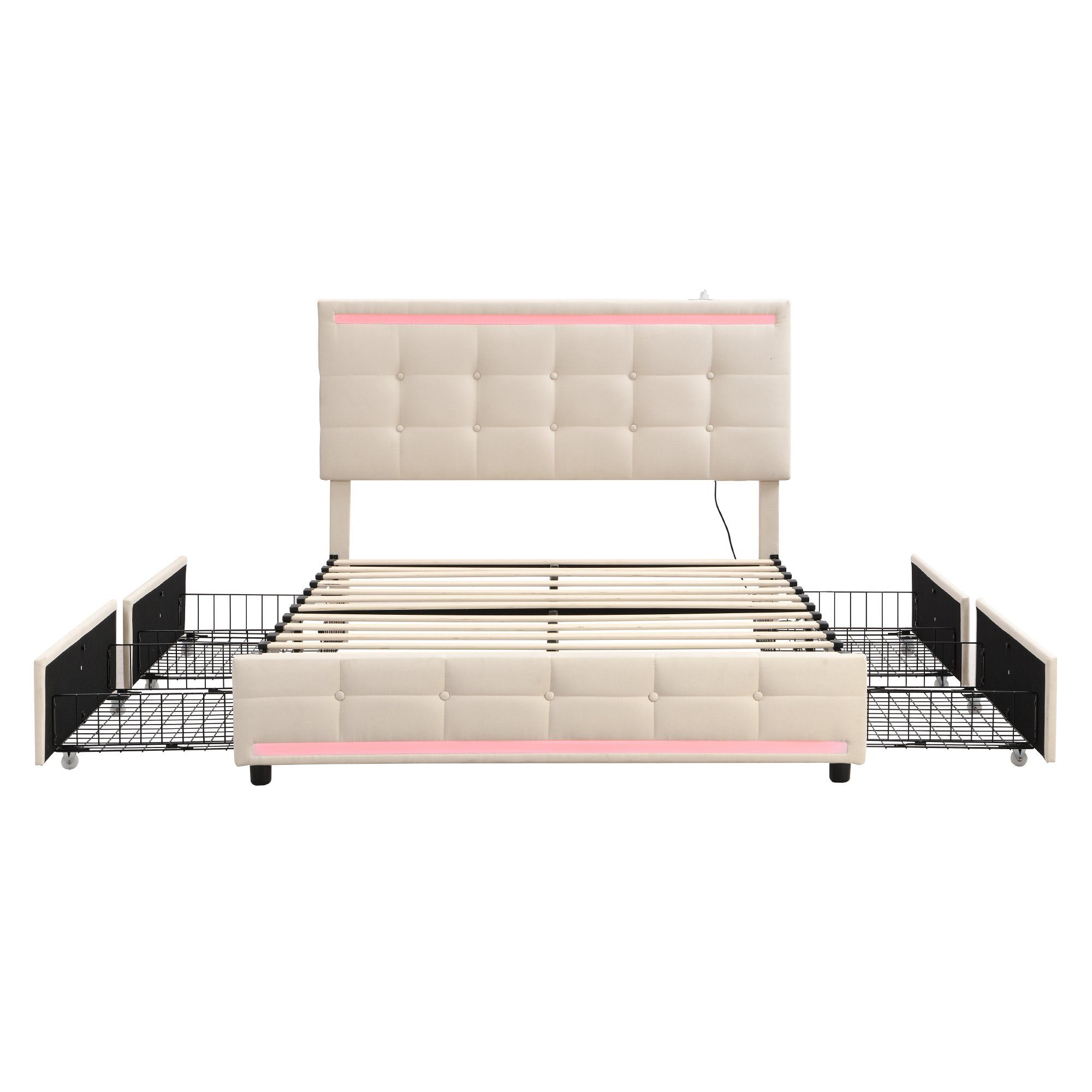 OKWISH Polsterbett Doppelbett (140 * 200 ohne Matratze, Gepolstertes LED-Bettgestell mit 4 Schubladen und 2 USB-Ladestationen), Gepolstertes Plattformbett mit Stauraum
