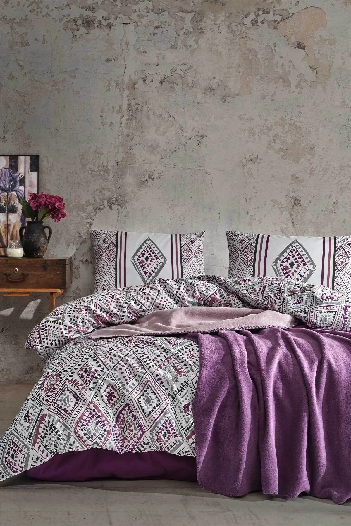 Elart  Madras-Spannbettbezug-Set für Einzelbett, 100 % natürliche Baumwolle, Ranforce, 3-teilig, Pflaume