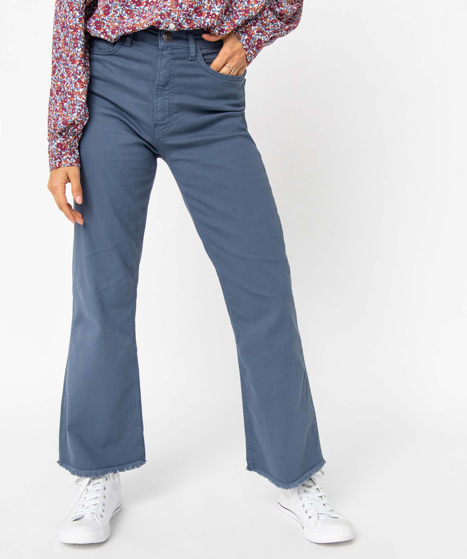 Jean femme large avec finitions franges longueur 7/8ème bleu | GEMO