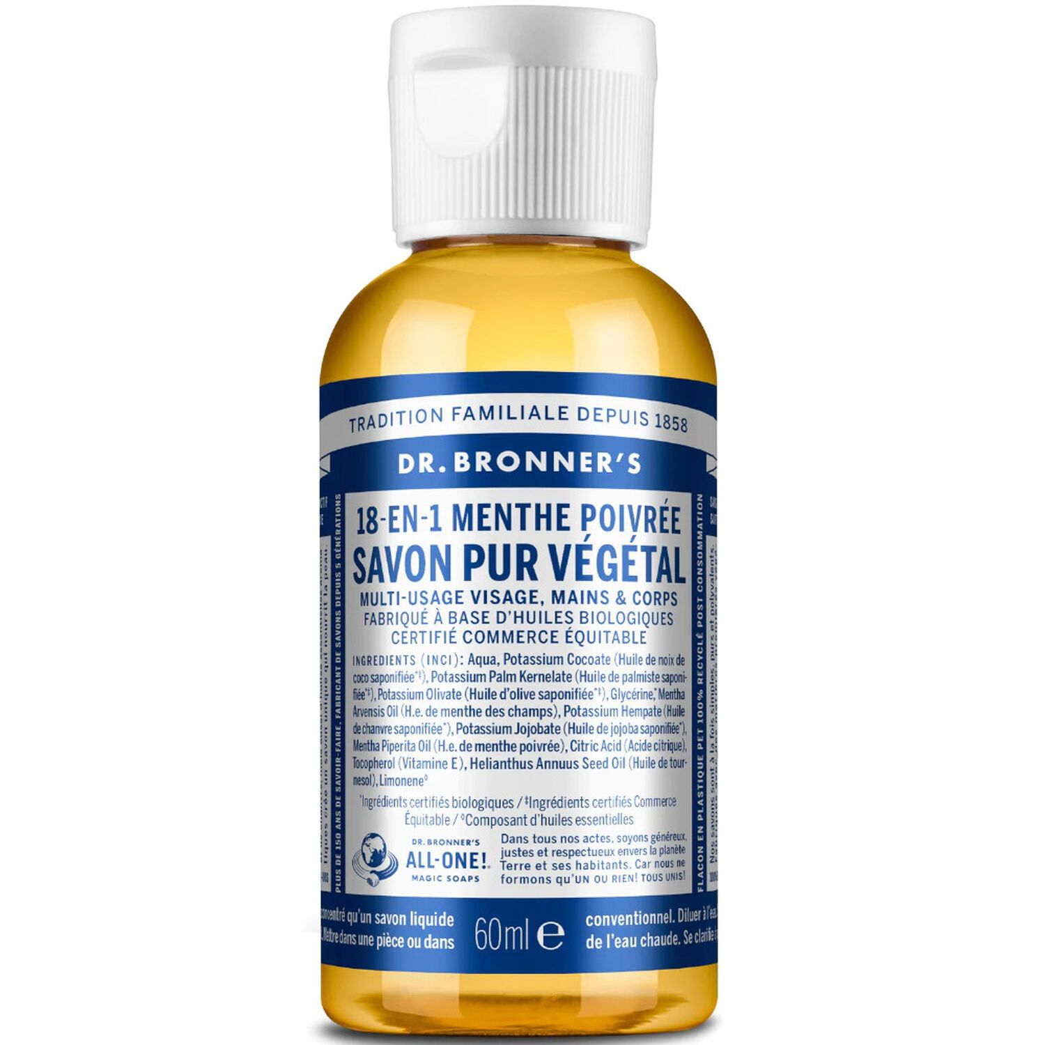 Dr Bronners Savon liquide Menthe poivrée Un savon de Castille liquide naturel 18-en-1